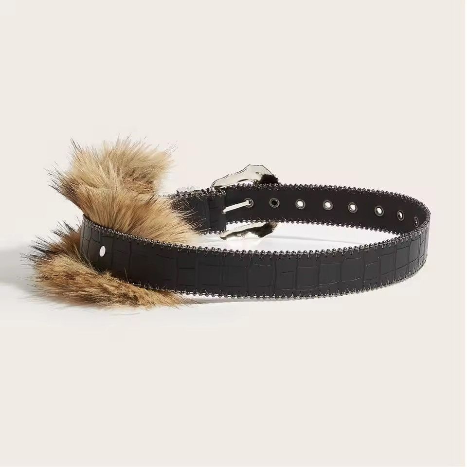 Japanese Brand 122 cm Y2k grunge western crocodile print furr black belt Size 34 - 2 Thumbnail