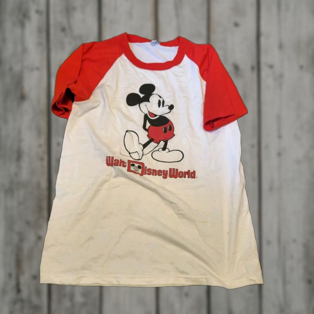 Disney VINTAGE Mickey Mouse T Shirt Large Walt Disney World Raglan Tee Rare Mens 80s Disney Cartoon Shirt Size US L / EU 52-54 / 3 - 1 Thumbnail