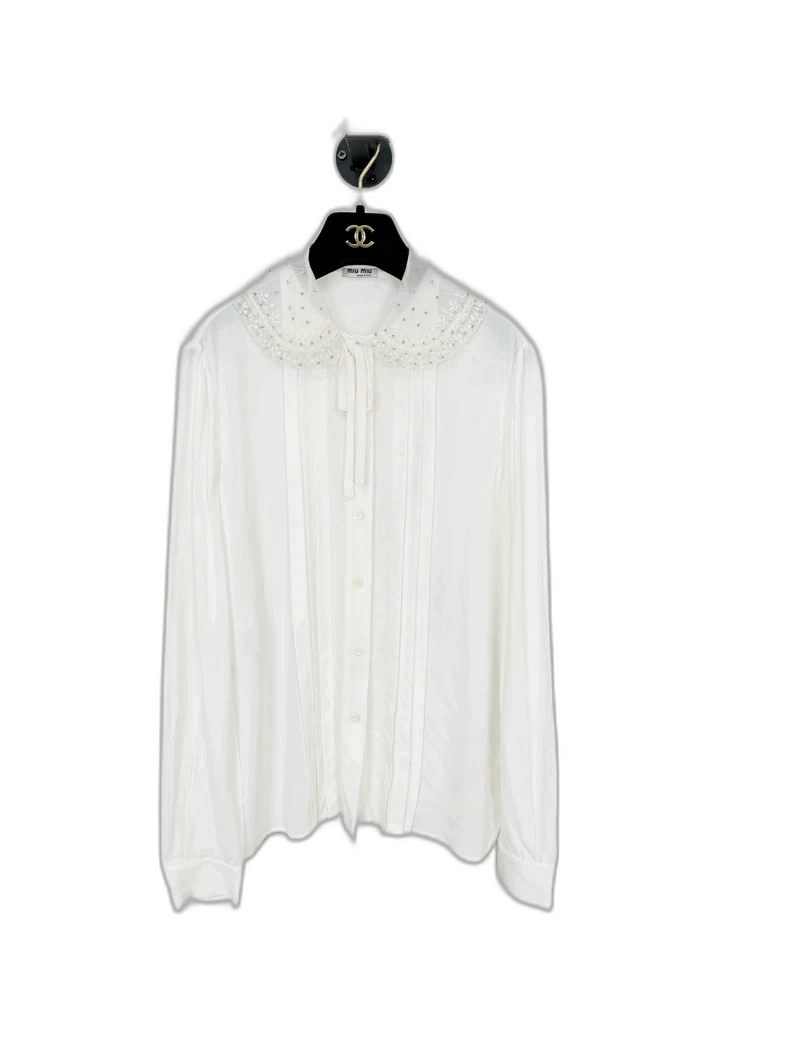 Prada Miumiu White ButtonUp Shirt with Ruffled Collar-2506 Size M / US 6-8 / IT 42-44 - 1 Thumbnail