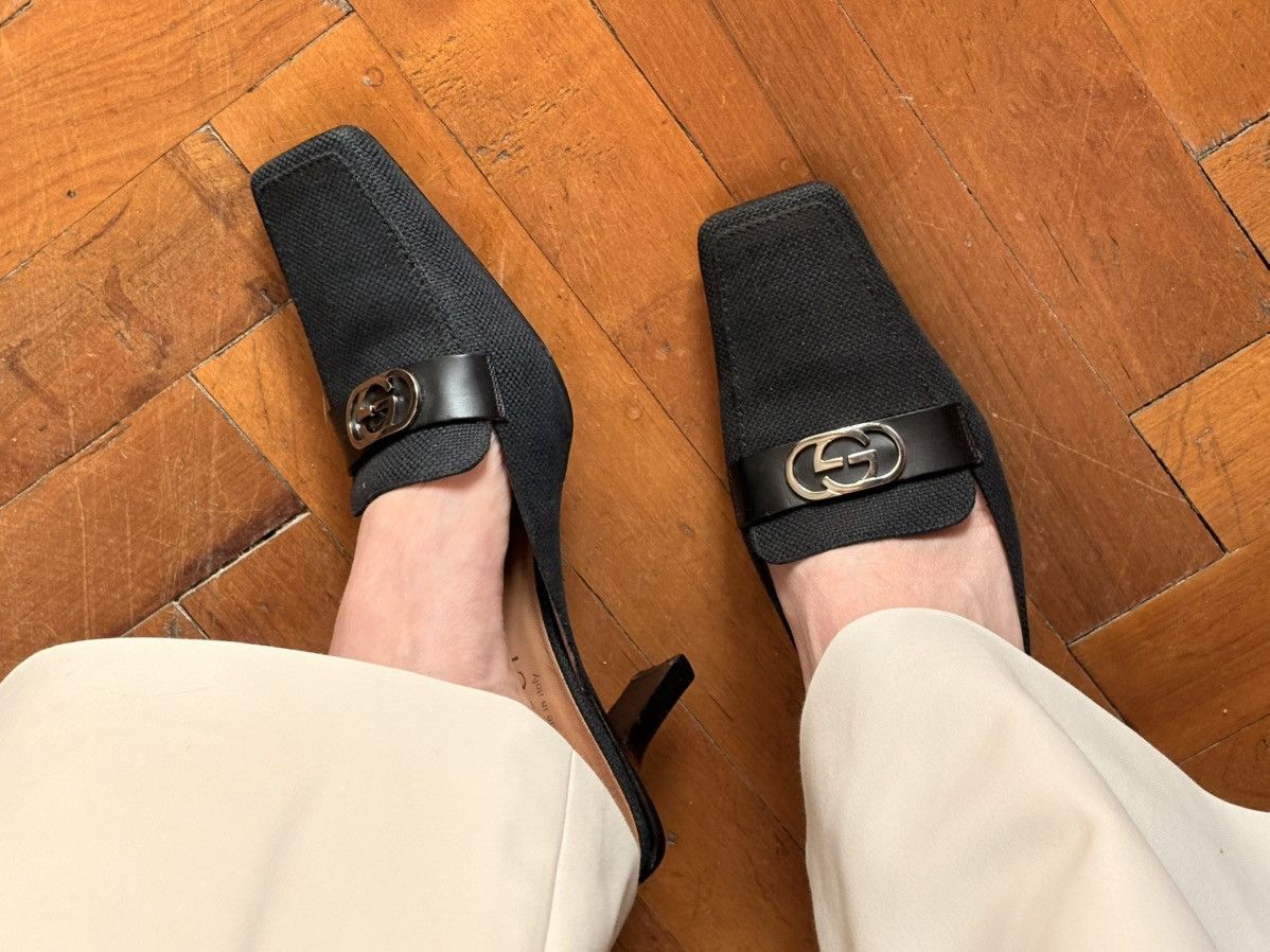 GUCCI GG LOGO MULES TEXTILE LEATHER HIGH HEELS US 6 EU 37