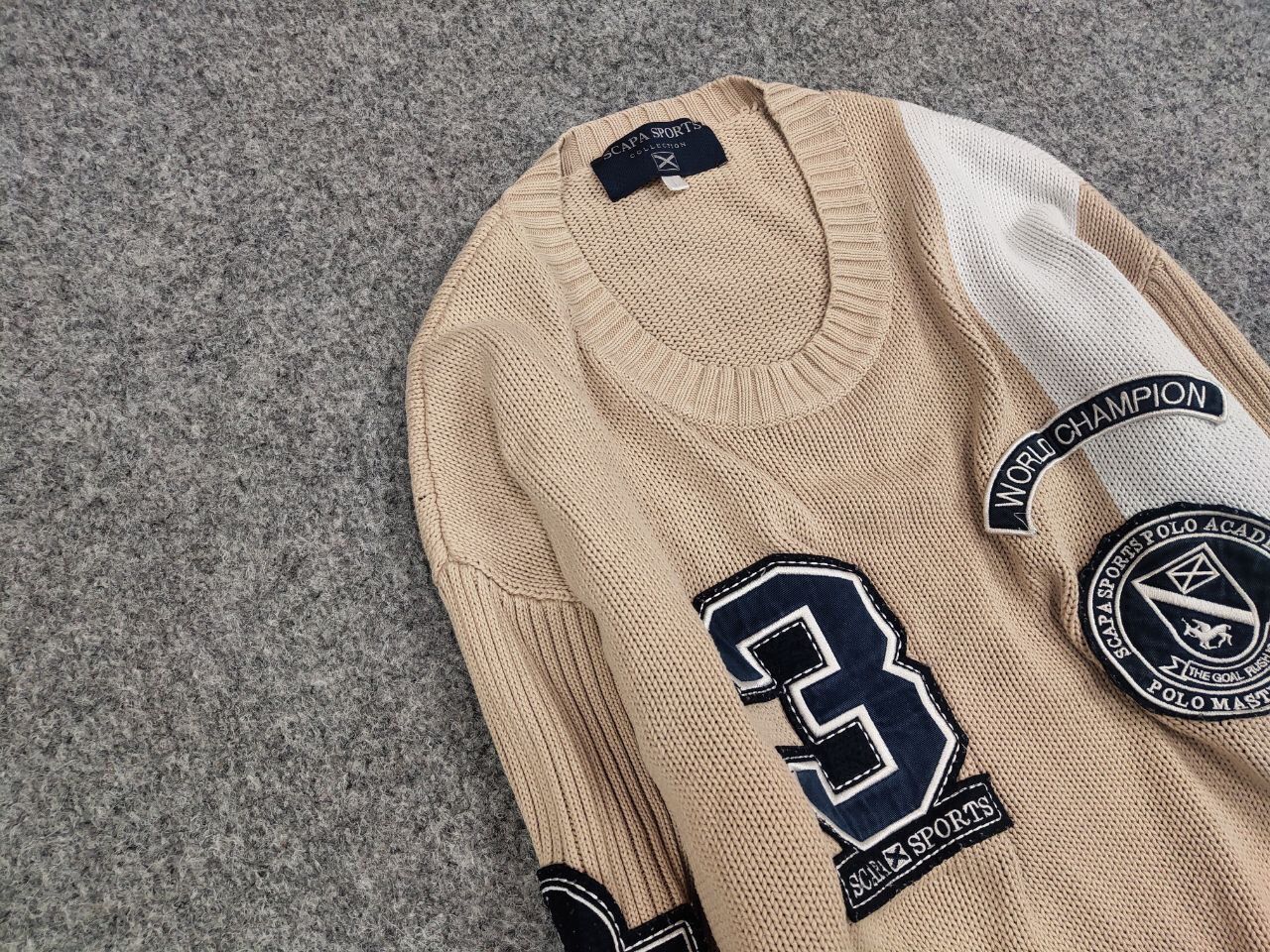 Japanese Brand Vintage 90's Polo Skarpa Sports Knit beige Patchwork Sweater Size US L / EU 52-54 / 3 - 7 Thumbnail