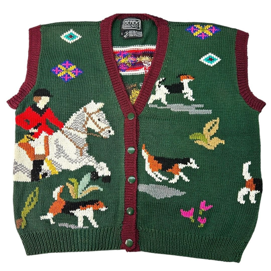 Other Vintage 1989 Berek Equestrian Hand-Knit Sweater Vest Cardiga Size L / US 10 / IT 46 - 6 Thumbnail
