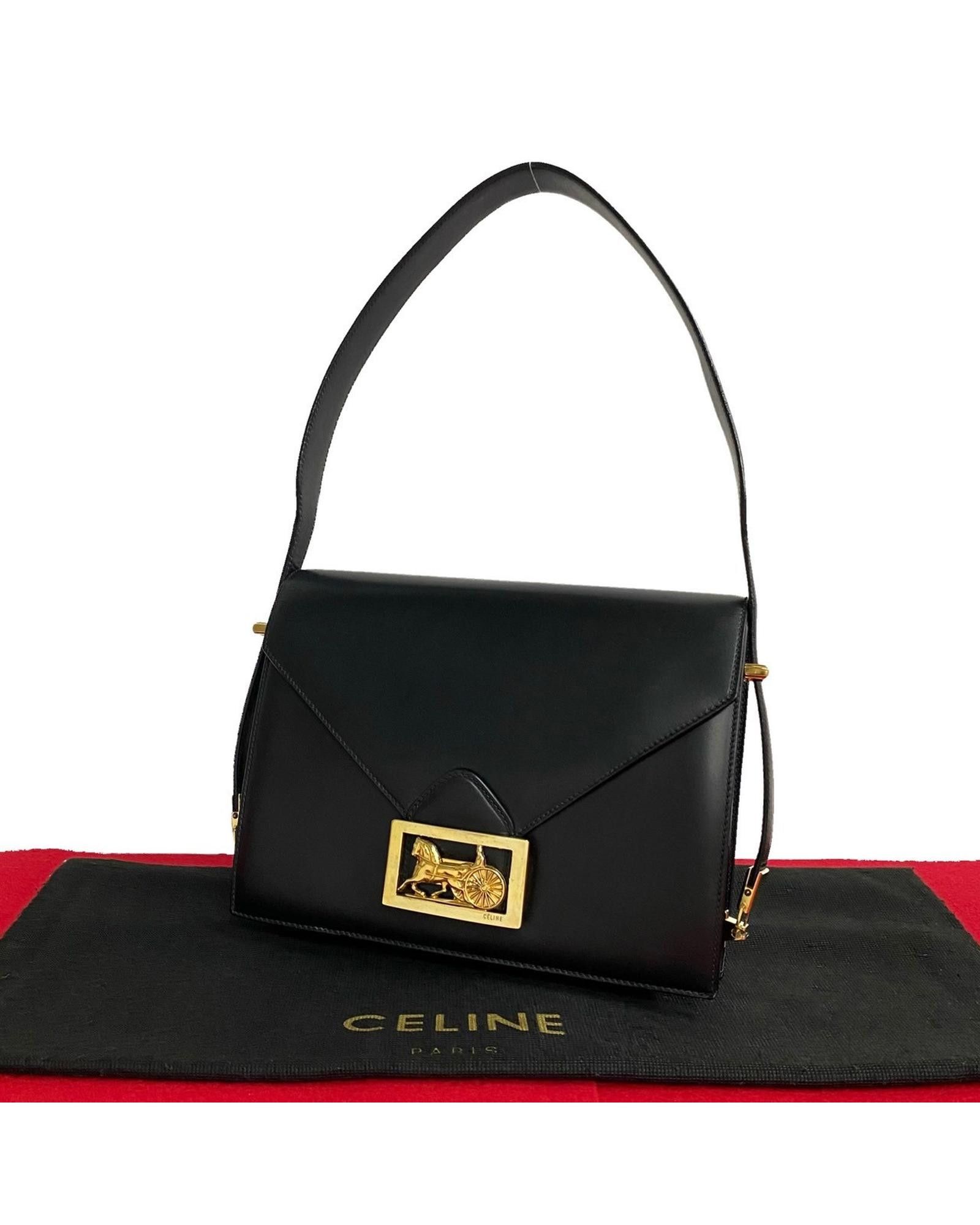 image of Celine Leather Carriage Flap Shoulder Bag In Black, Women's