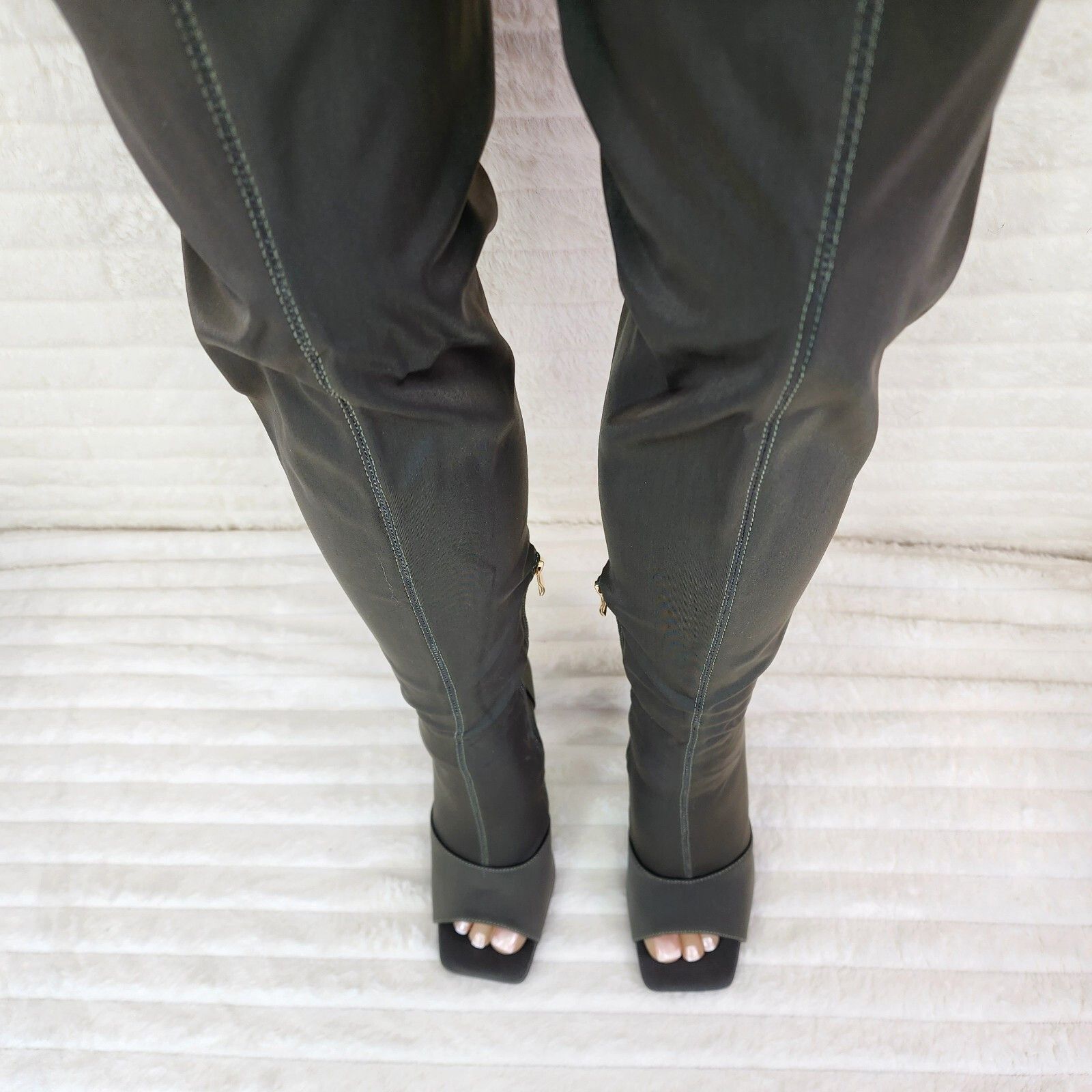 Other Vicky Olive Army Green Open Square Toe Stretch Thigh High He Size US 7 / IT 37 - 4 Thumbnail