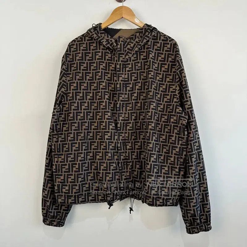 Fendi Beige Logo Print Hooded Jacket .