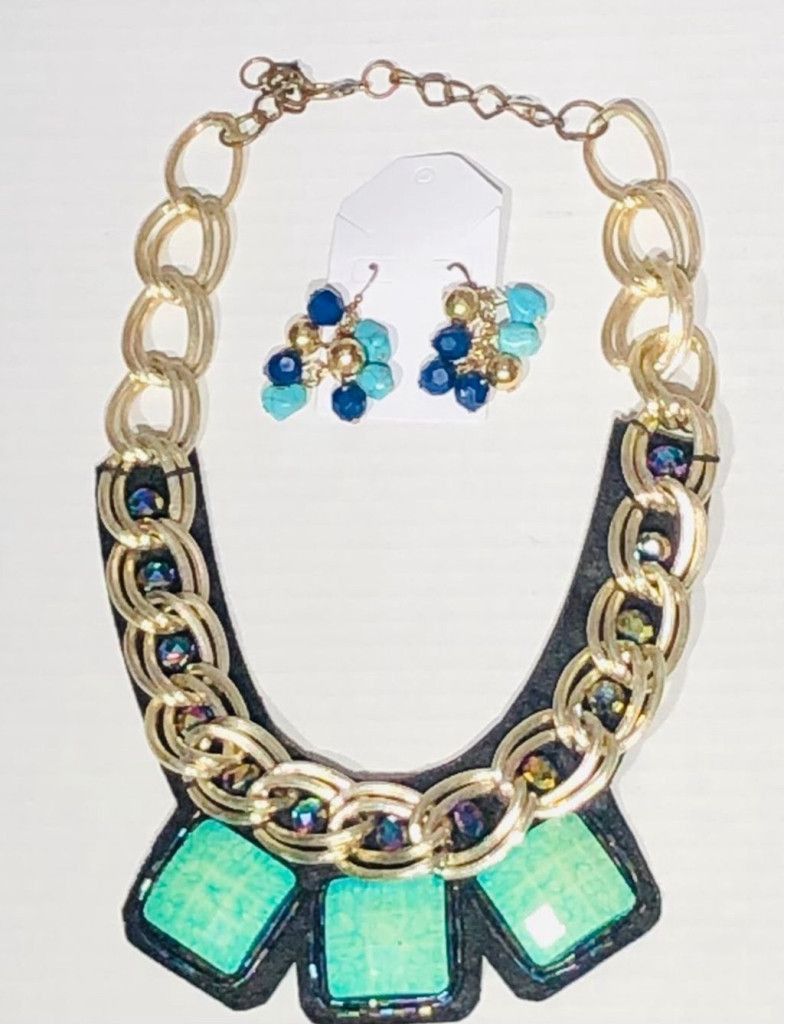 Vintage Pendants Choker Chunky Bib Necklace Turquoise Gold Earrings Size ONE SIZE - 1 Thumbnail