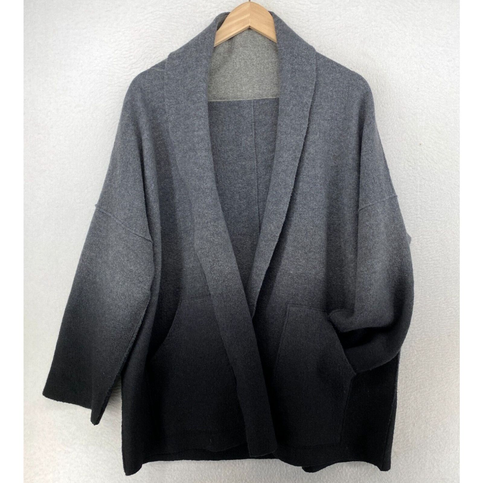 image of Eileen Fisher Coat L Kimono Boiled Wool Ombre Shawl Open Front Mended Gray in White, Women's (Size 