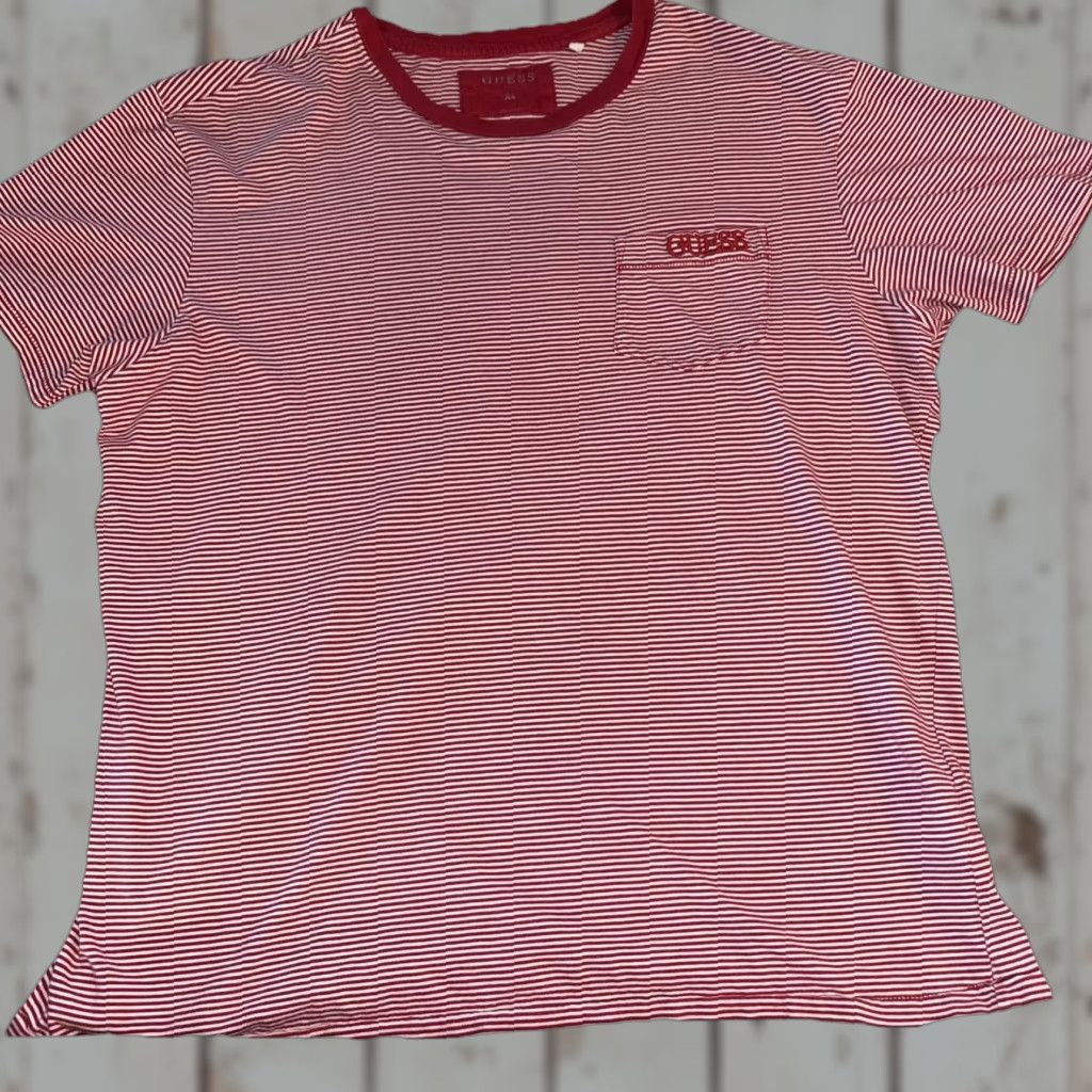 Guess VINTAGE Guess RED Striped T Shirt Mens XL Embroidered Spellout Pocket Y2K Preppy Size US XL / EU 56 / 4 - 1 Thumbnail