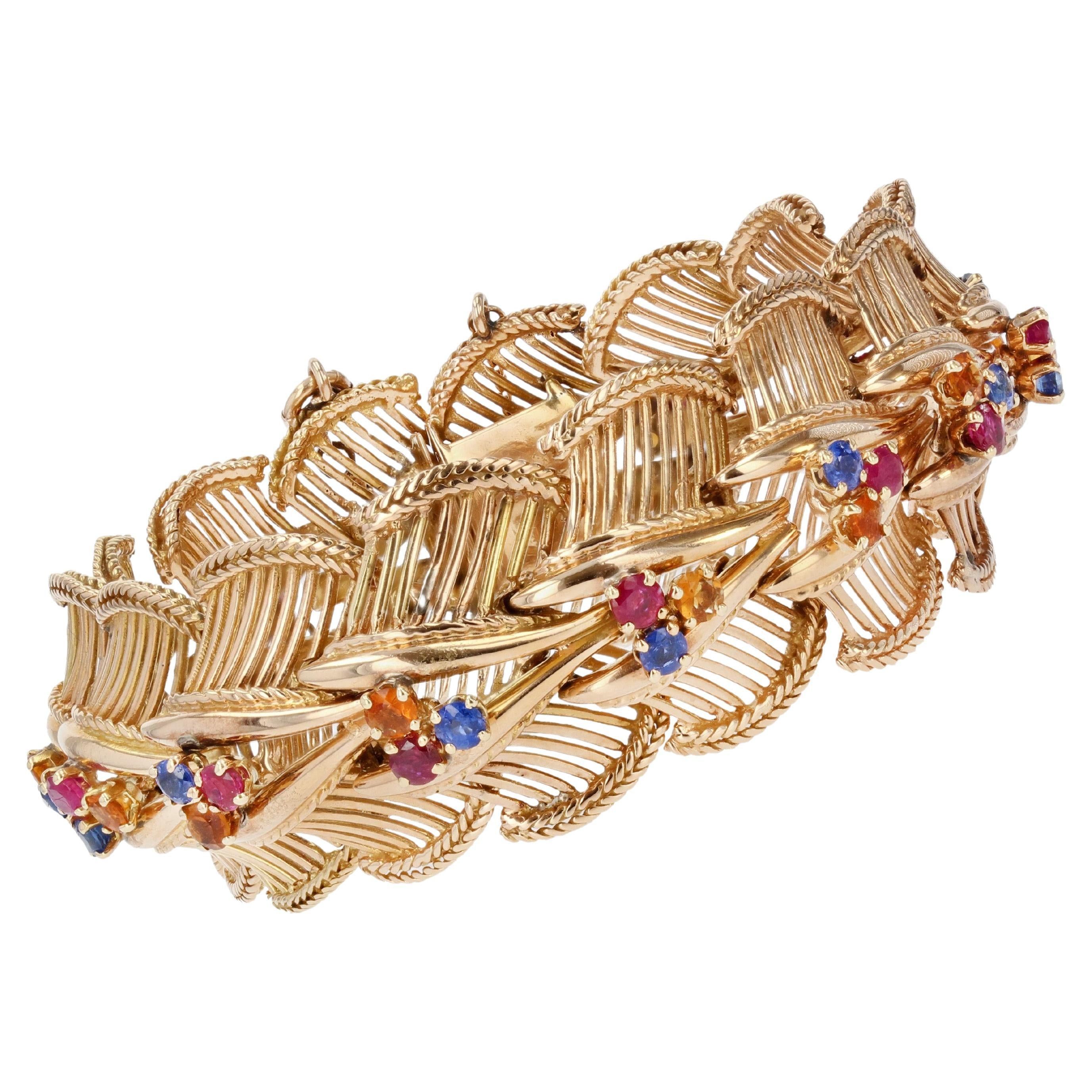 image of Vintage French, 1950S Sapphires Rubies Citrines 18 Karat Rose Gold Bracelet, Women's