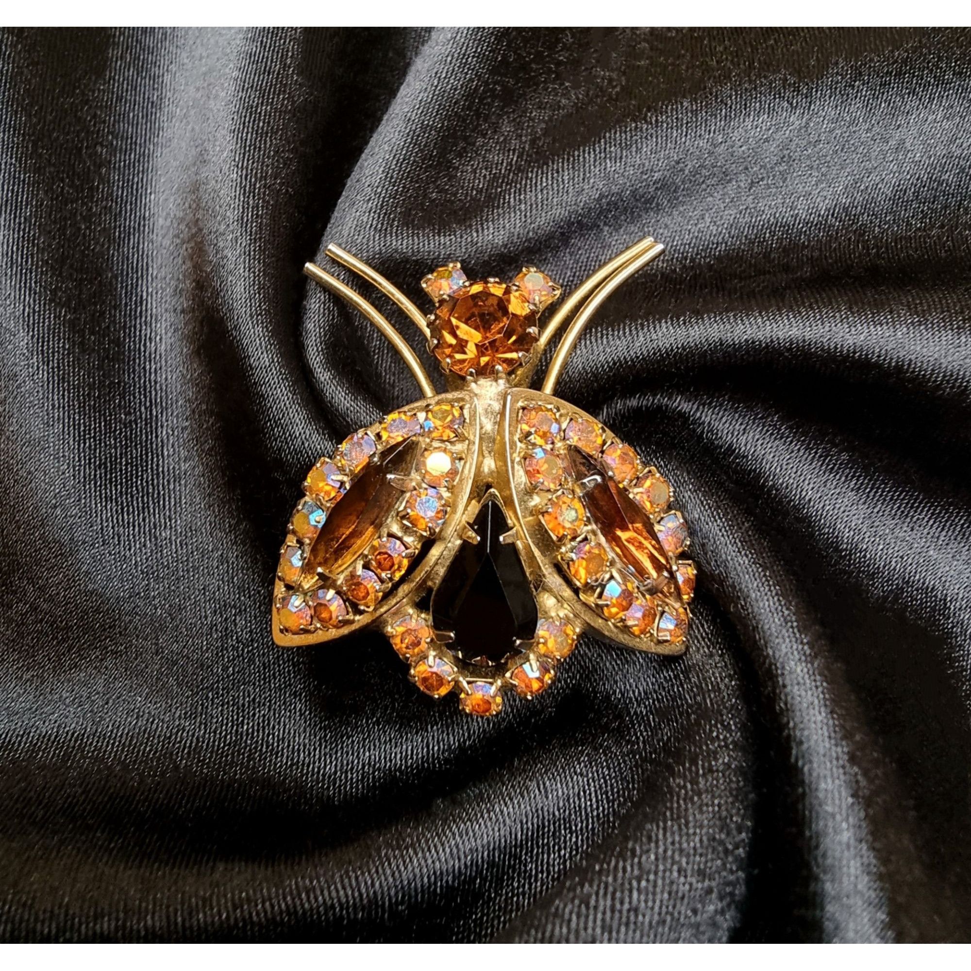 Vintage Vintage 1960's Gold-Tone Bug Brooch Amber Iridescent Rhines Size ONE SIZE - 3 Thumbnail