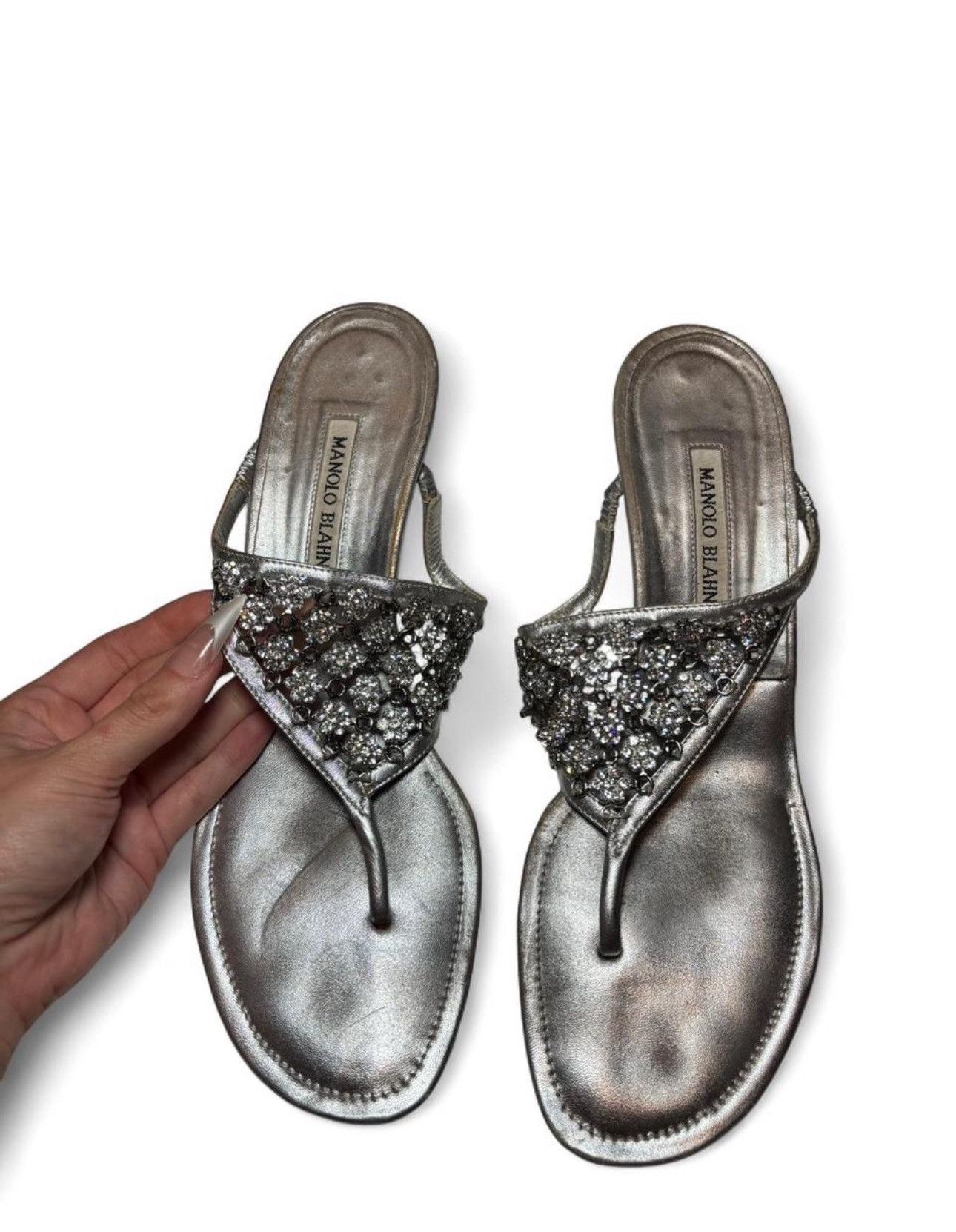 Manolo Blahnik Leather Crystal Embellished Thong Kitten Heel