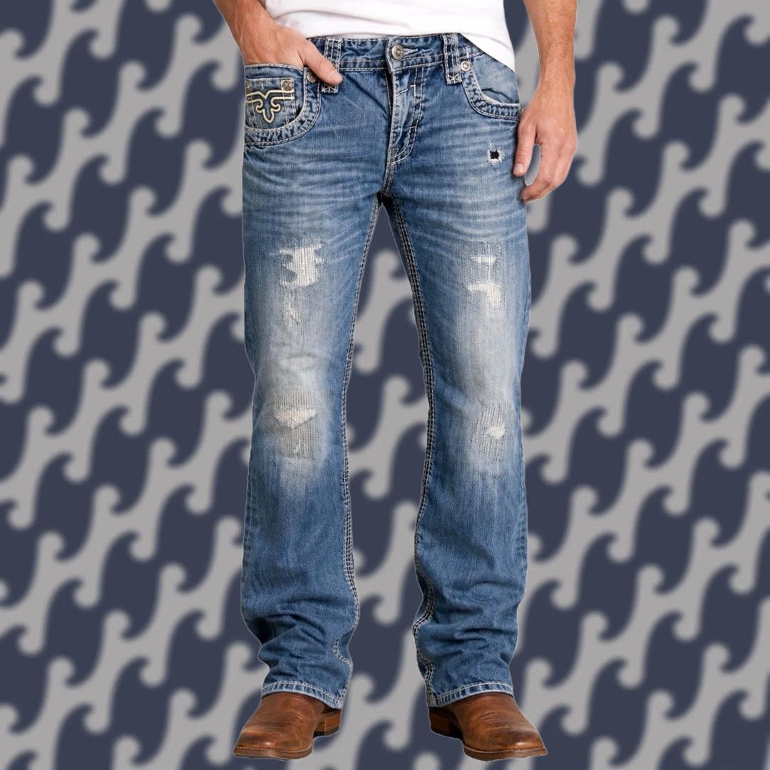 Vintage VINTAGE? ROCK REVIVAL Royce MEN'S 32 x 30 DISTRESSED STRAIGHT LEG BLUE JEANS Size US 32 / EU 48 - 1 Thumbnail