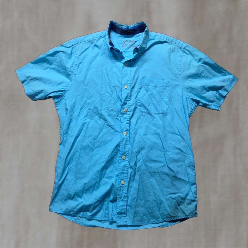 Vintage Saddlebred Shirt Button-Up Solid Blue 100% Cotton Adult Men’s Size M Medium Short Sleeve Collared Button Front Easy Care Size US M / EU 48-50 / 2 - 1 Thumbnail