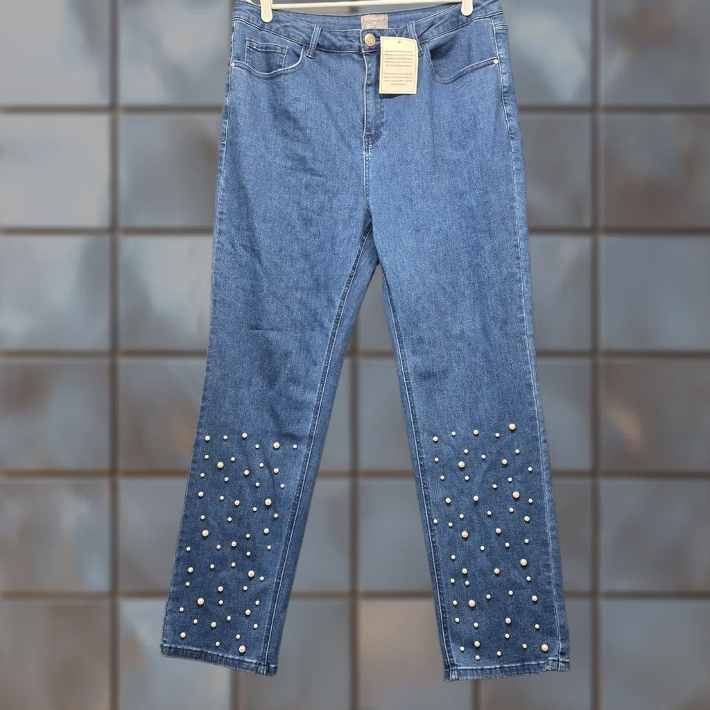 Vintage Masseys Womens Jeans 18W Pearl Studded Blue Plus Size Embellished Denim Tapered Womens Size 40" / US 18 - 1 Thumbnail