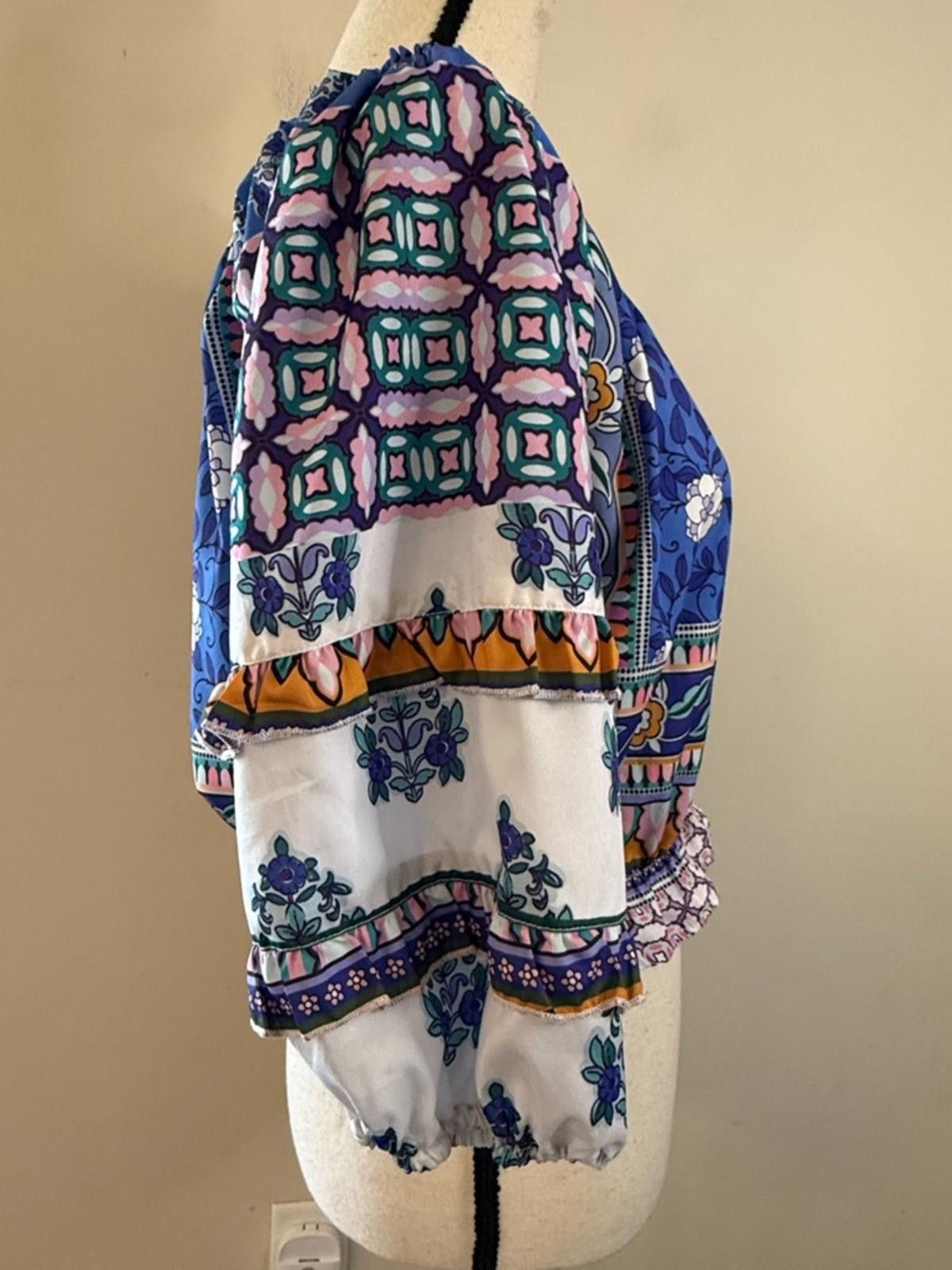 Other Rachel Zoe boho crop top blue multicolor puff sleeves SZ SM Size S / US 4 / IT 40 - 2 Thumbnail