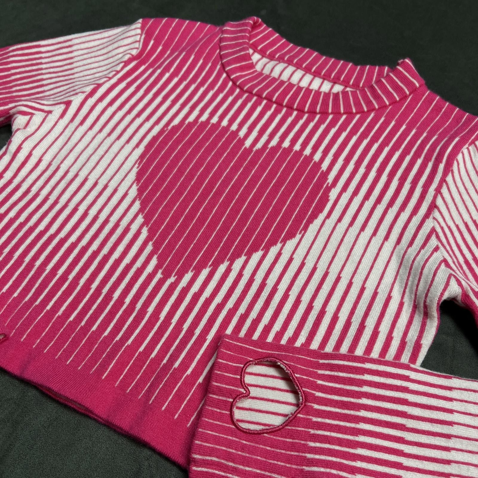 Japanese Brand Pink White Striped Heart Crop Jumper – Kawaii Y2K Aesthetic Size ONE SIZE - 3 Thumbnail