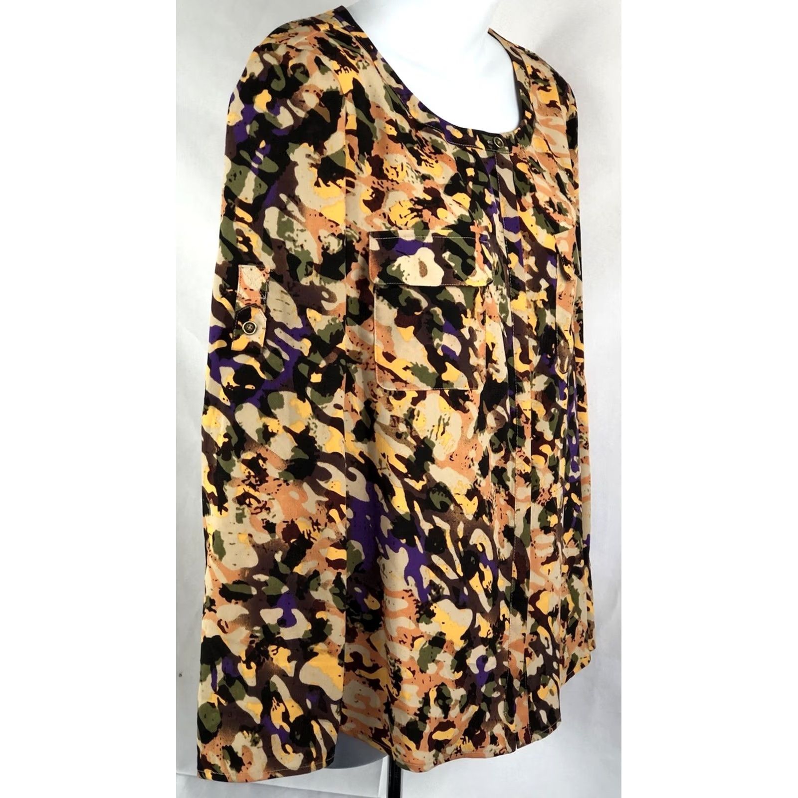 Anne Klein Anne Klein Blouse Shirt M Multicolor Geometric Long Sleeve Roll Tab Button Front Round Neck Women's Size M / US 6-8 / IT 42-44 - 2 Thumbnail