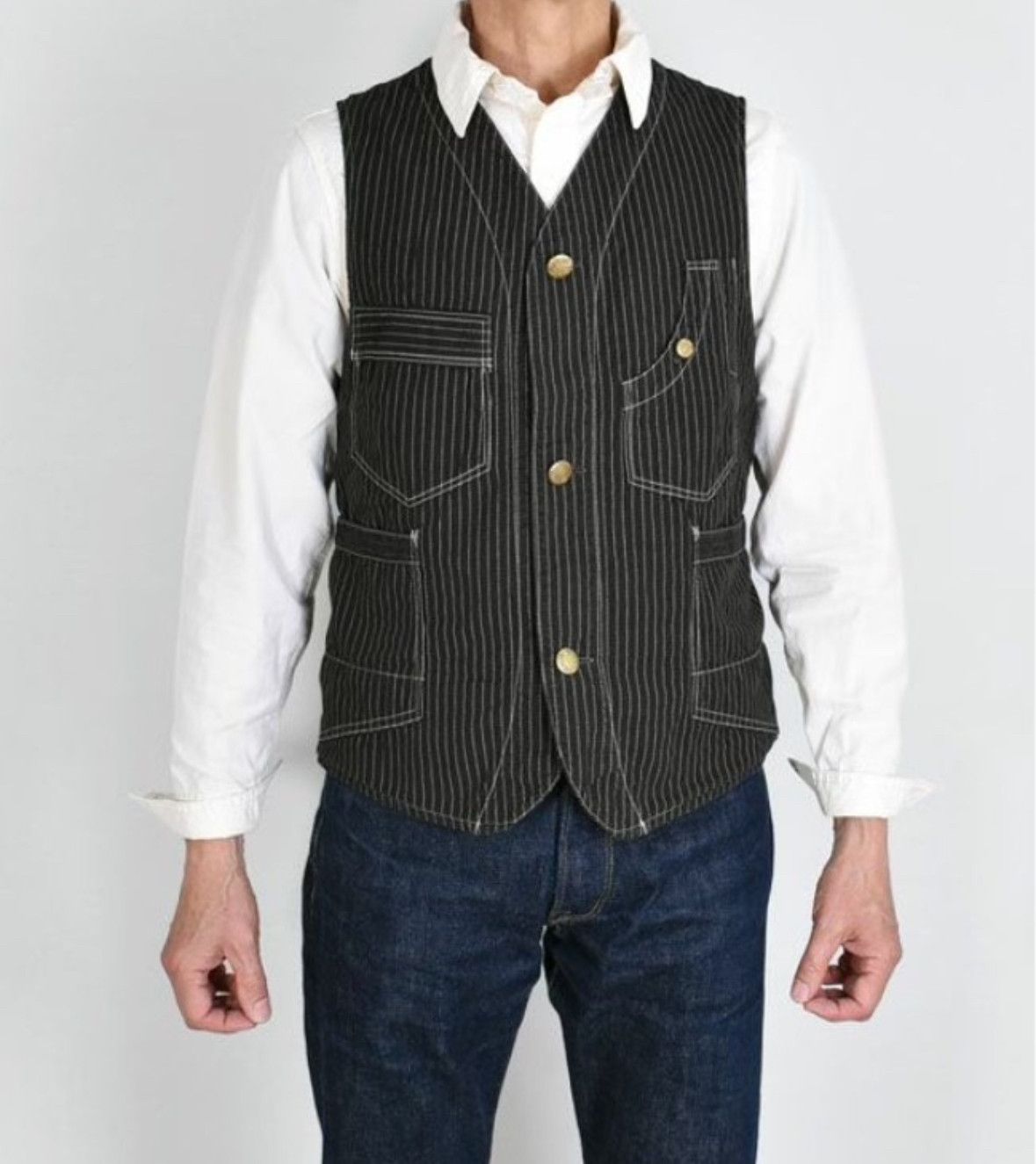 image of Freewheelers Striped Vintage Work Vest in Black, Men's (Size Medium)