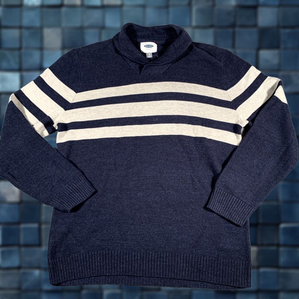Old Navy Old Navy Sweater Mens XL Navy Blue Stripe Shawl Collar Cotton Knit Pullover Size US XL / EU 56 / 4 - 1 Thumbnail