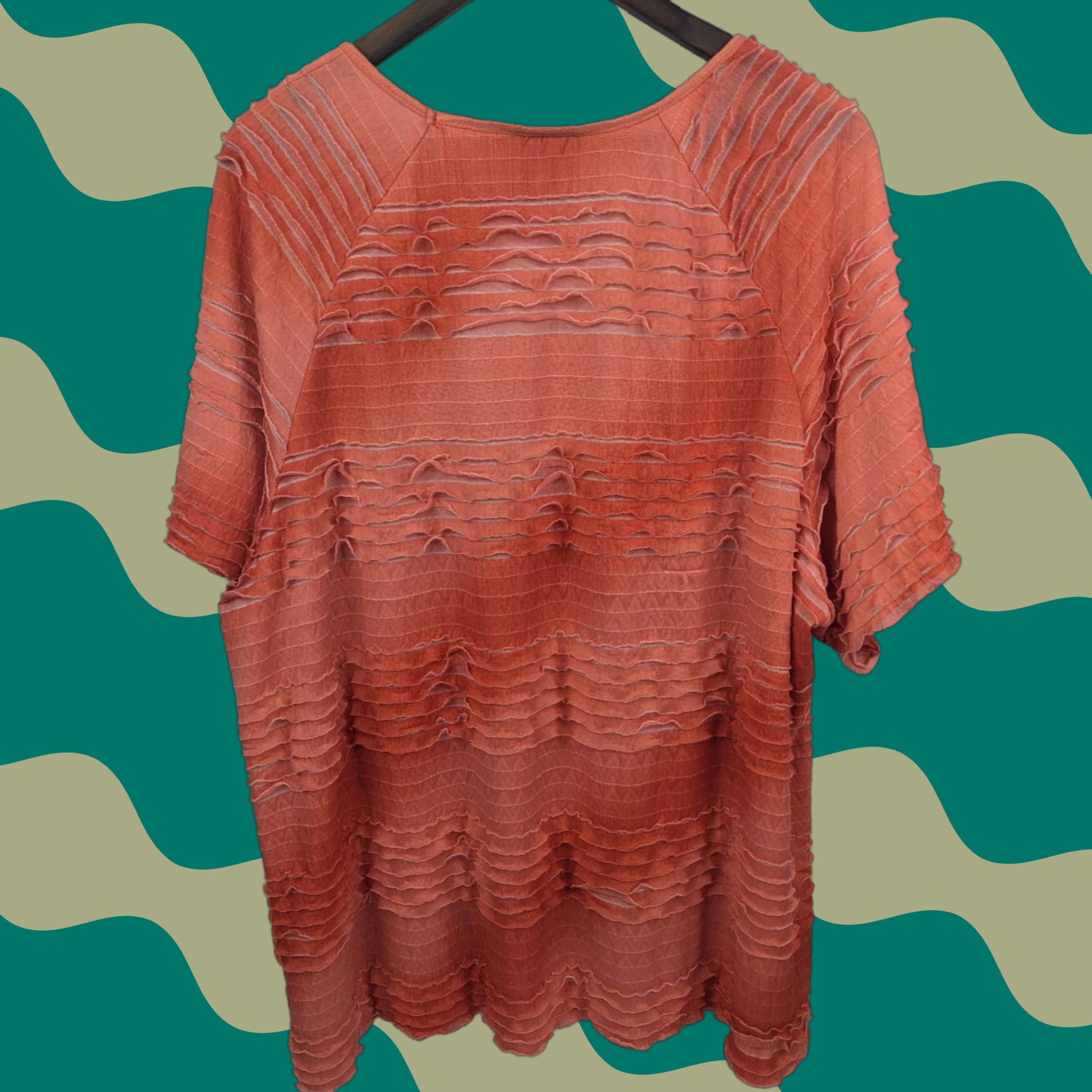 Vintage Maggie Barnes Shirt Woman's 3X Orange Short Sleeve Boho Ruffle Blouse Plus Knit Top Womens Size XXL / US 16-18 / IT 52-54 - 1 Thumbnail