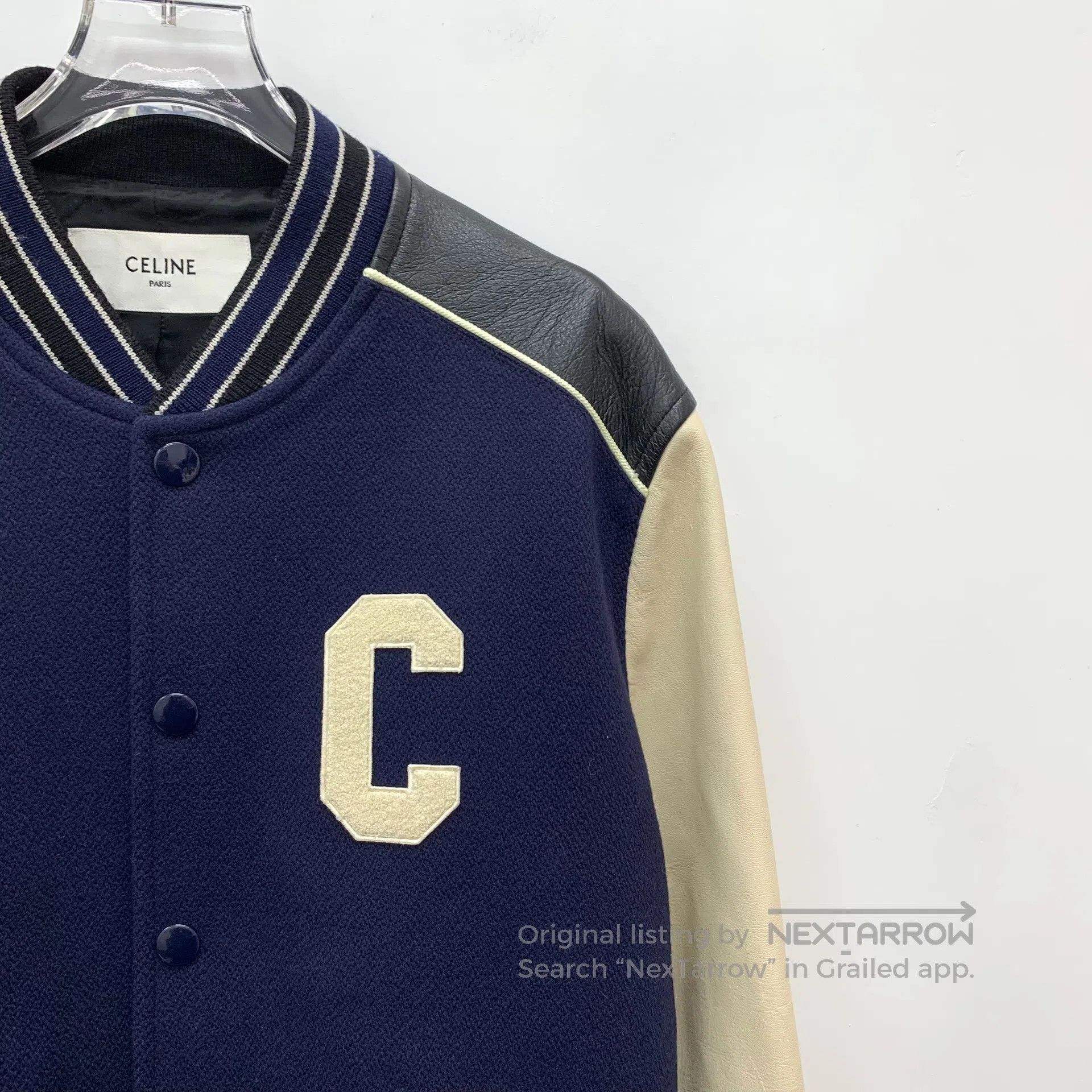 Celine CELINE Dark Blue Striped Letter Flock Wool Lapel Single Br Size US S / EU 44-46 / 1 - 3 Thumbnail