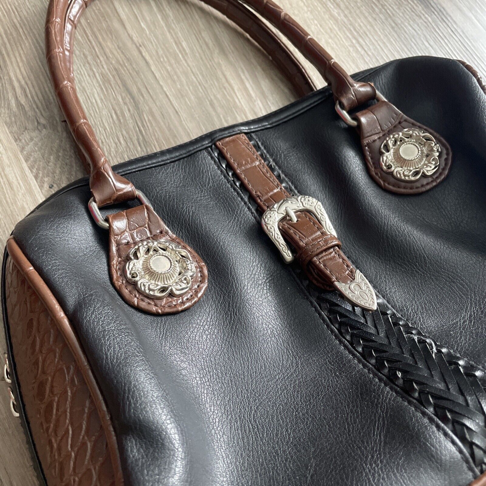 Other 90s BROWN & BLACK LEATHER SNAKE SKIN PATTERN HANDBAG Size ONE SIZE - 2 Thumbnail