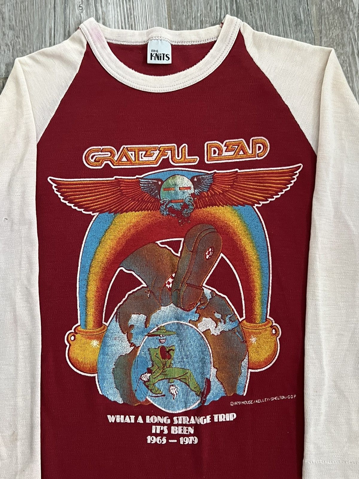 image of 1979 Single Stitch Grateful Dead Long Strange Trip Raglantee in Dark Red, Men's (Size Medium)