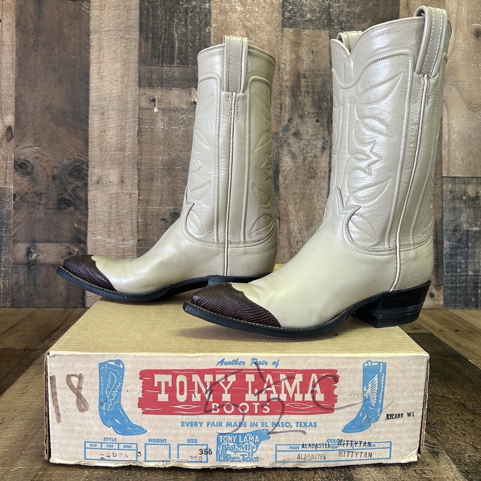 image of Tony Lama Vintage Gold Label Lizard Wingtip Cowboy Boot 5.5C in Beige, Women's