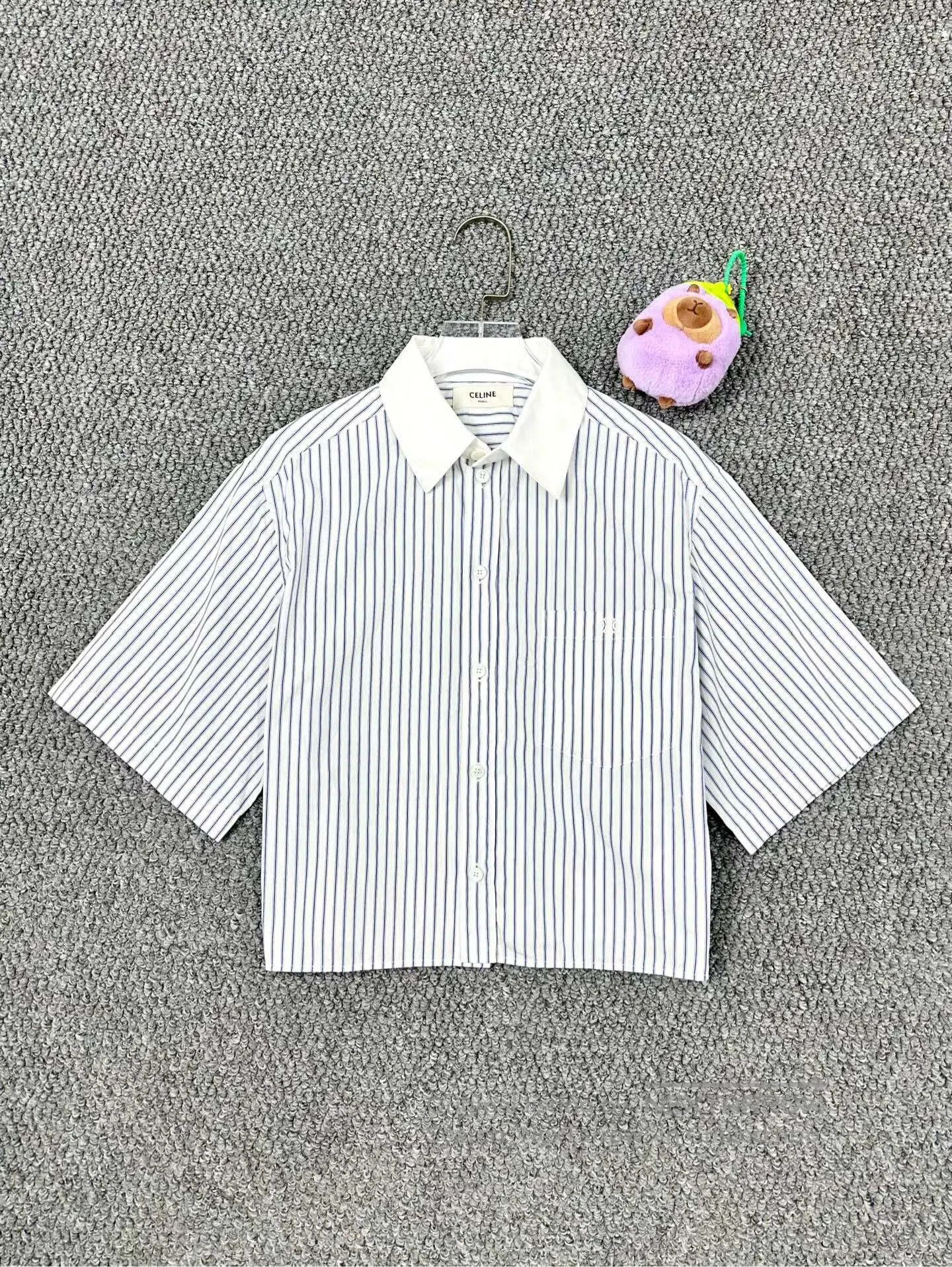 Celine CELINE White and Blue Striped Embroidered Logo Short Sleev Size XS / US 0-2 / IT 36-38 - 1 Thumbnail