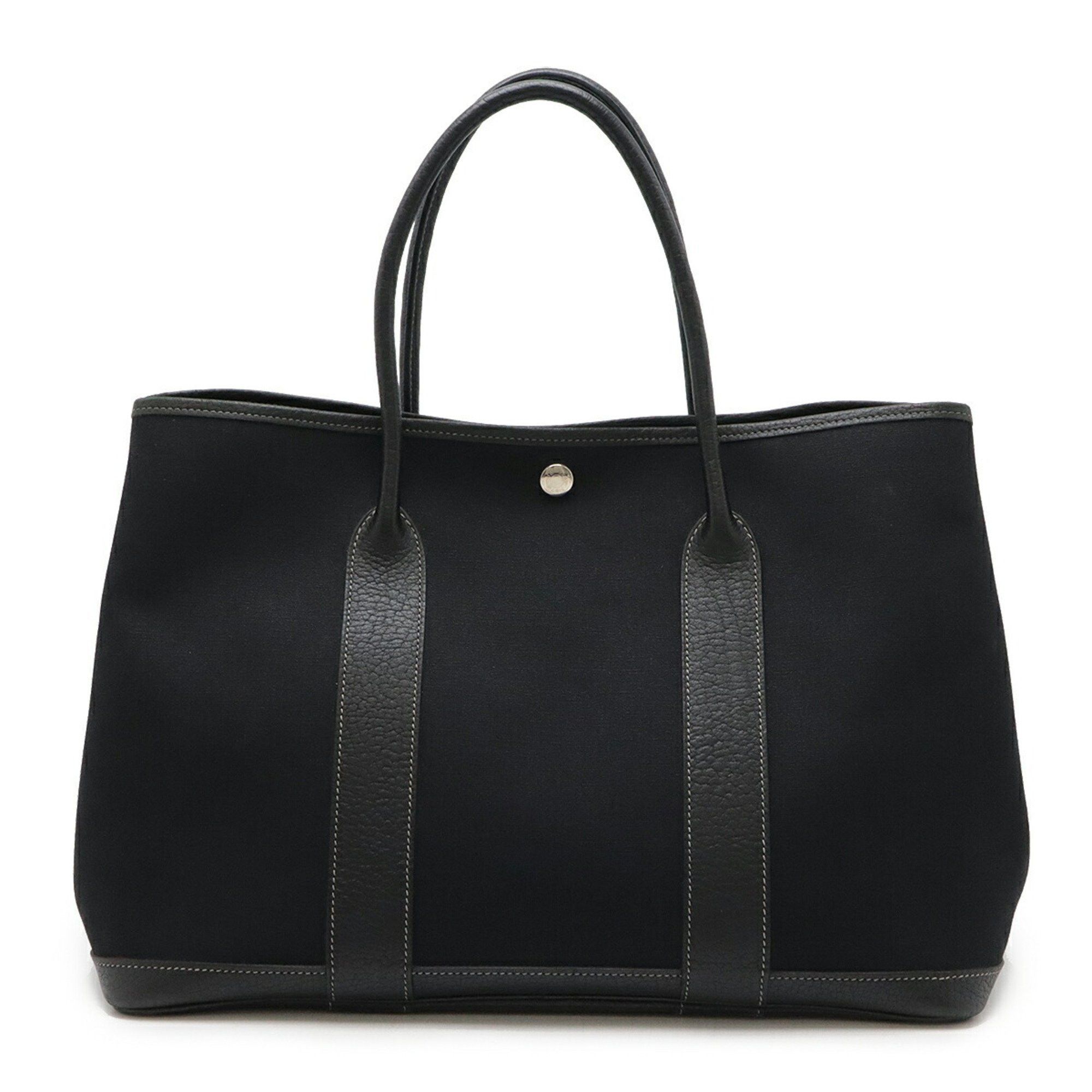 Hermes Garden Pm Tote Bag Handbag Toile Officier Canvas Leather Black H Stamp, Women's