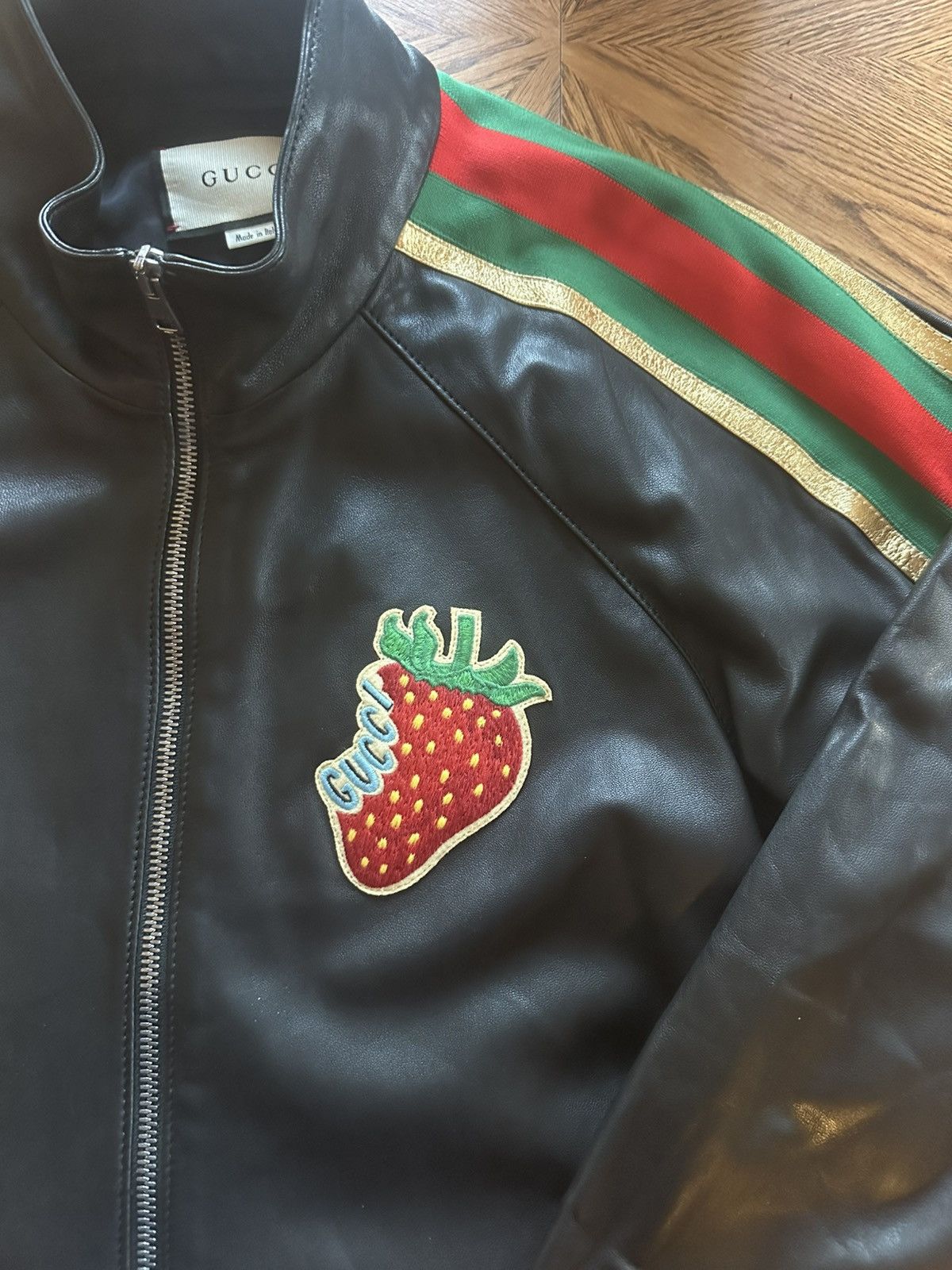 Gucci GUCCI Strawberry Patch Leather Bomber Jacket Size L / US 10 / IT 46 - 6 Thumbnail