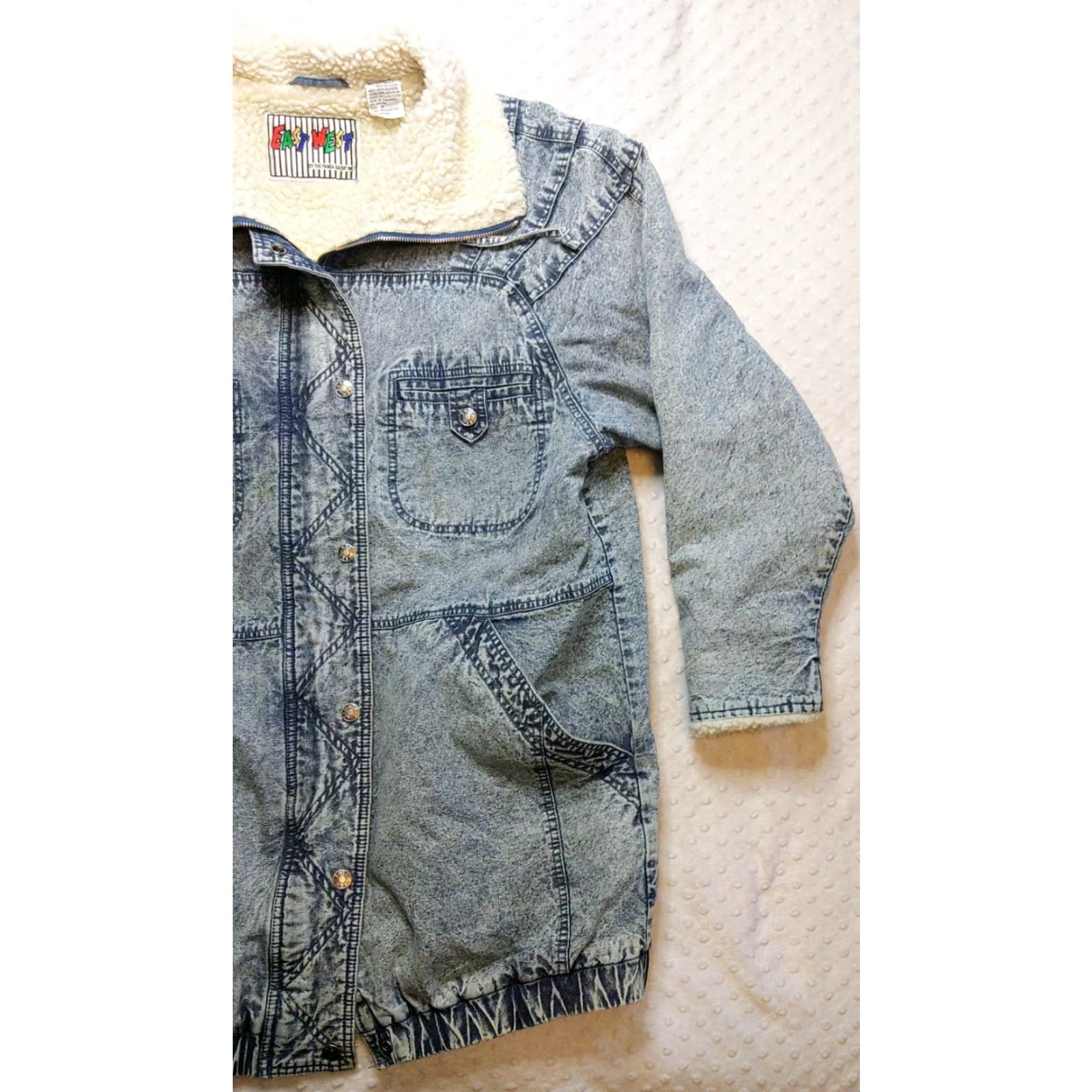 Vintage VINTAGE East West Denim Jacket Medium M Blue Pais Panda Sherpa Lined Button Zipper Long Sleeve Casual Hip Hop 80s 90s Grunge Music Womens Jacket Size M / US 6-8 / IT 42-44 - 2 Thumbnail
