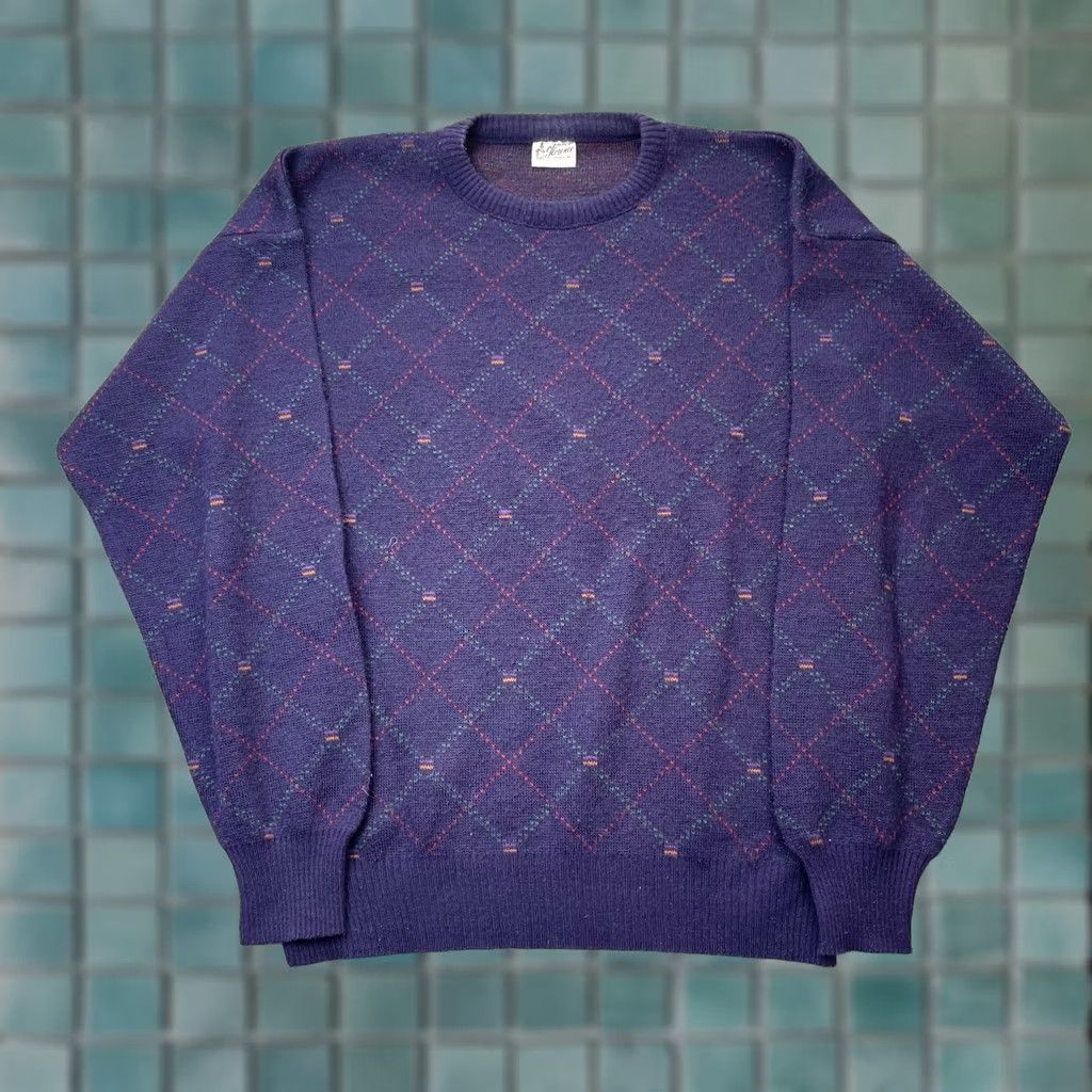 Vintage VINTAGE Maglificio Florence Sweater Men XL Blue Wool Argyle Knit Crew Pullover Italy Size US XL / EU 56 / 4 - 1 Thumbnail