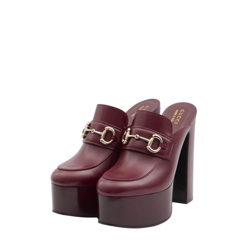 Gucci oc11z0226 Women's Platform Mule With Horsebit In Burgundy Size US 10 / IT 40 - 2 Thumbnail