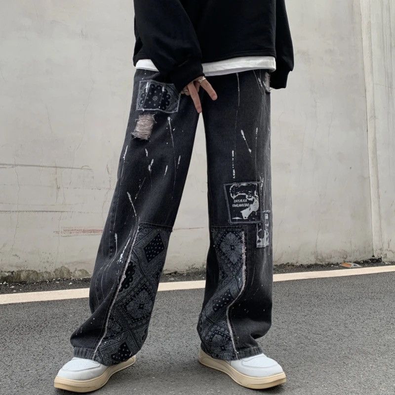 Jean Bandana Patchwork Straight Leg Baggy Jeans Size US 30 / EU 46 - 3 Thumbnail
