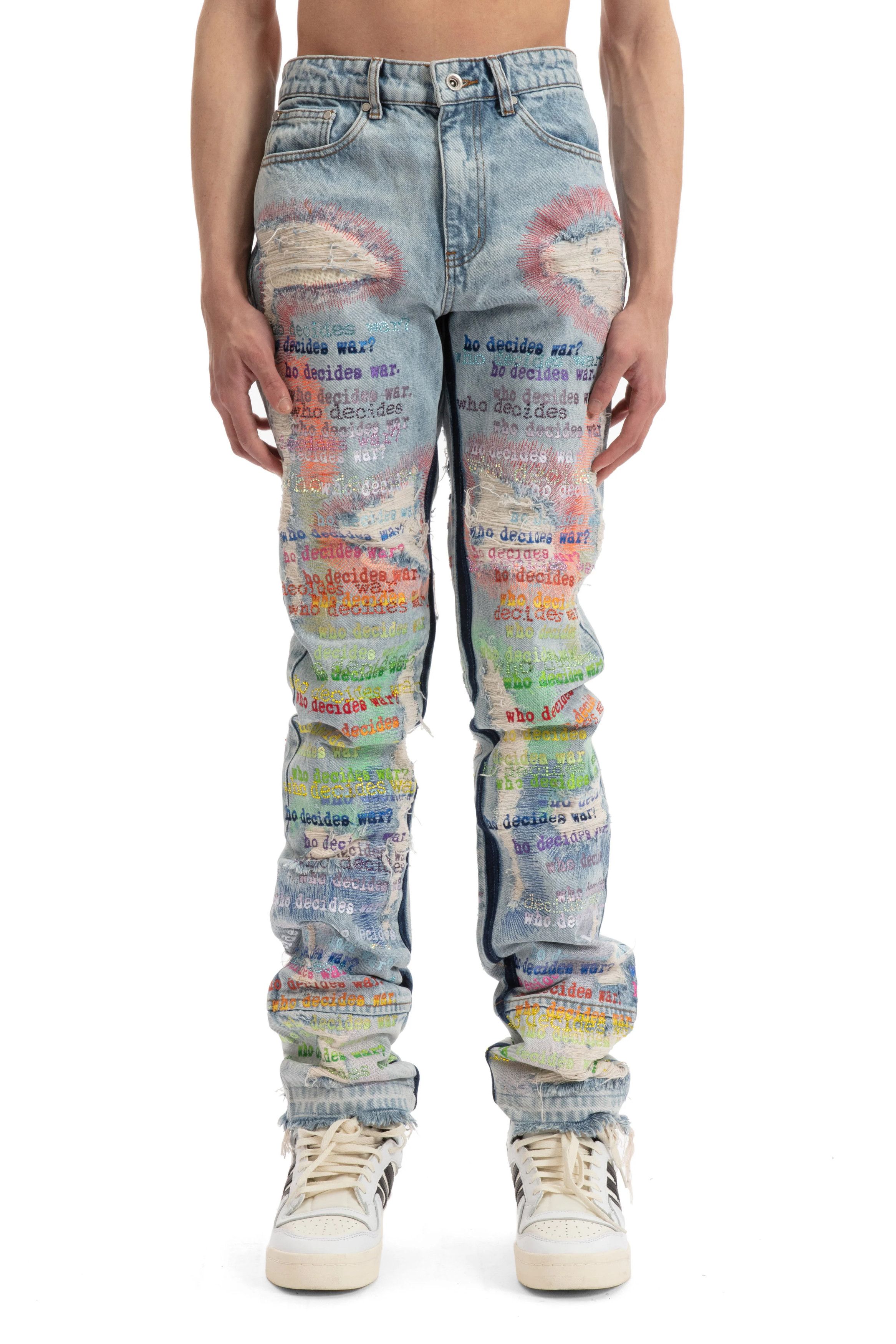 Who Decides War o1gr1nt0525 Roygbiv Scripture Denim in Sky/Multi Size US 26 / EU 42 - 2 Thumbnail