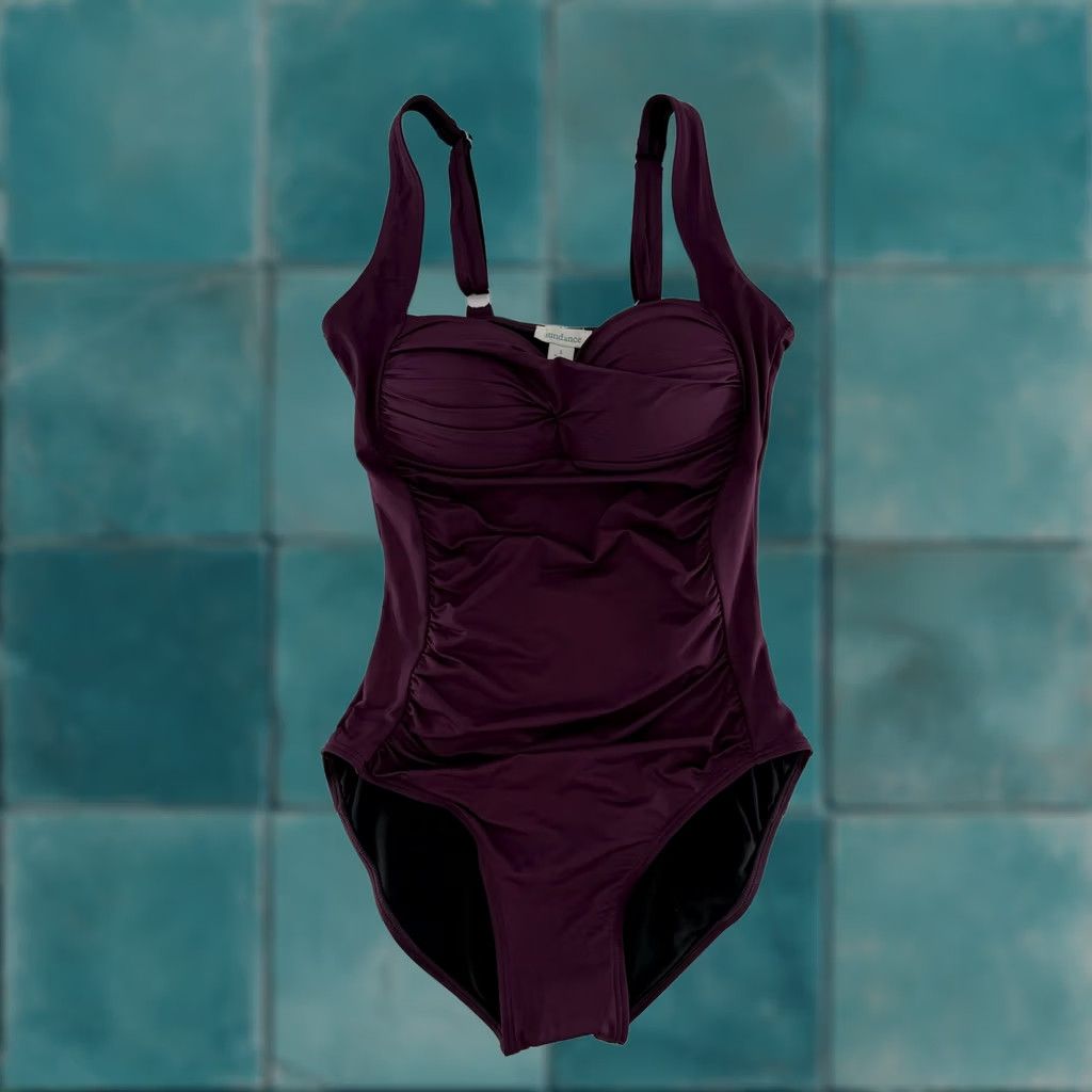 Vintage Sundance One Piece Swimsuit Ruched Plum Purple Sz Sm Beach Boho Mature Size ONE SIZE - 1 Thumbnail