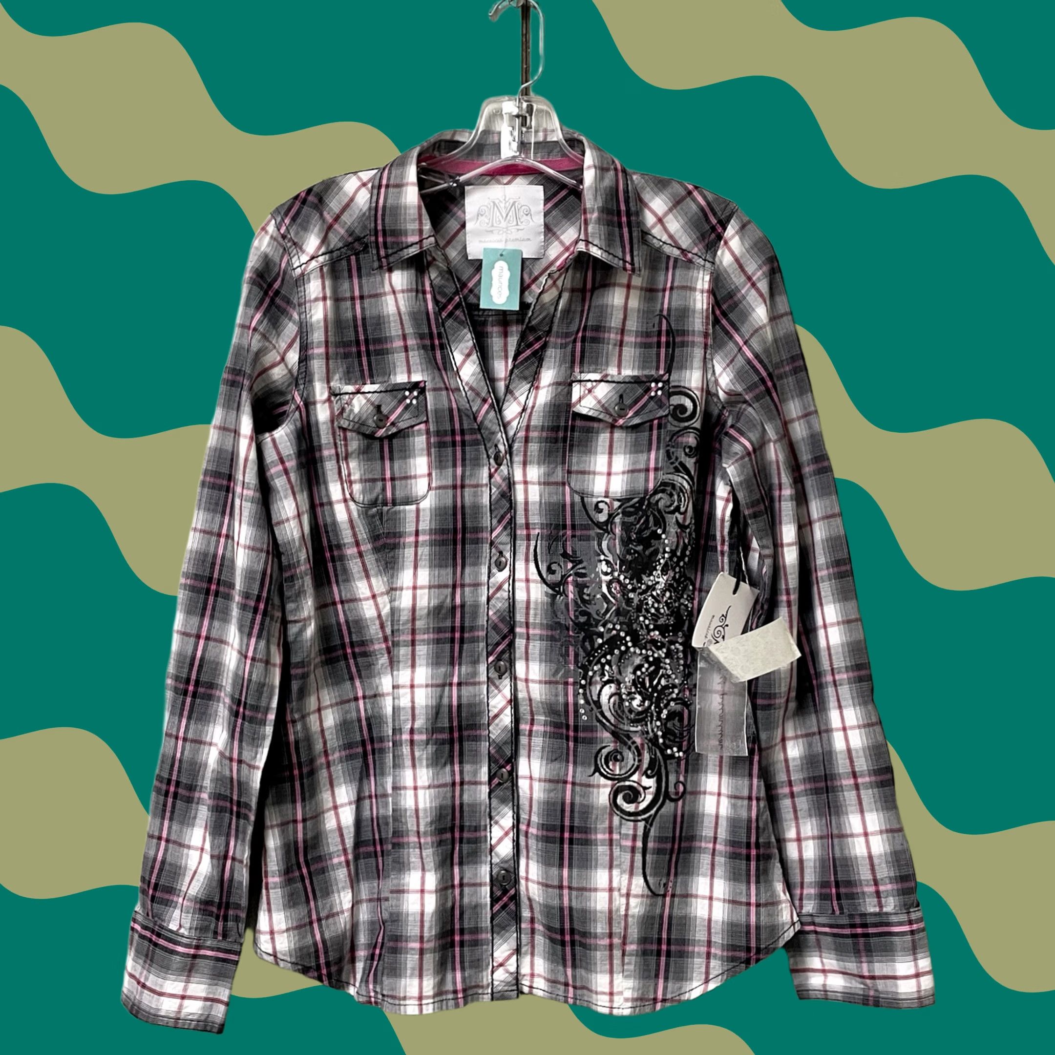 Vintage VTG Maurices Women Button-Down Shirt Gray Multi Plaid Rhinestone Y2K Western Shirt M Size M / US 6-8 / IT 42-44 - 1 Thumbnail