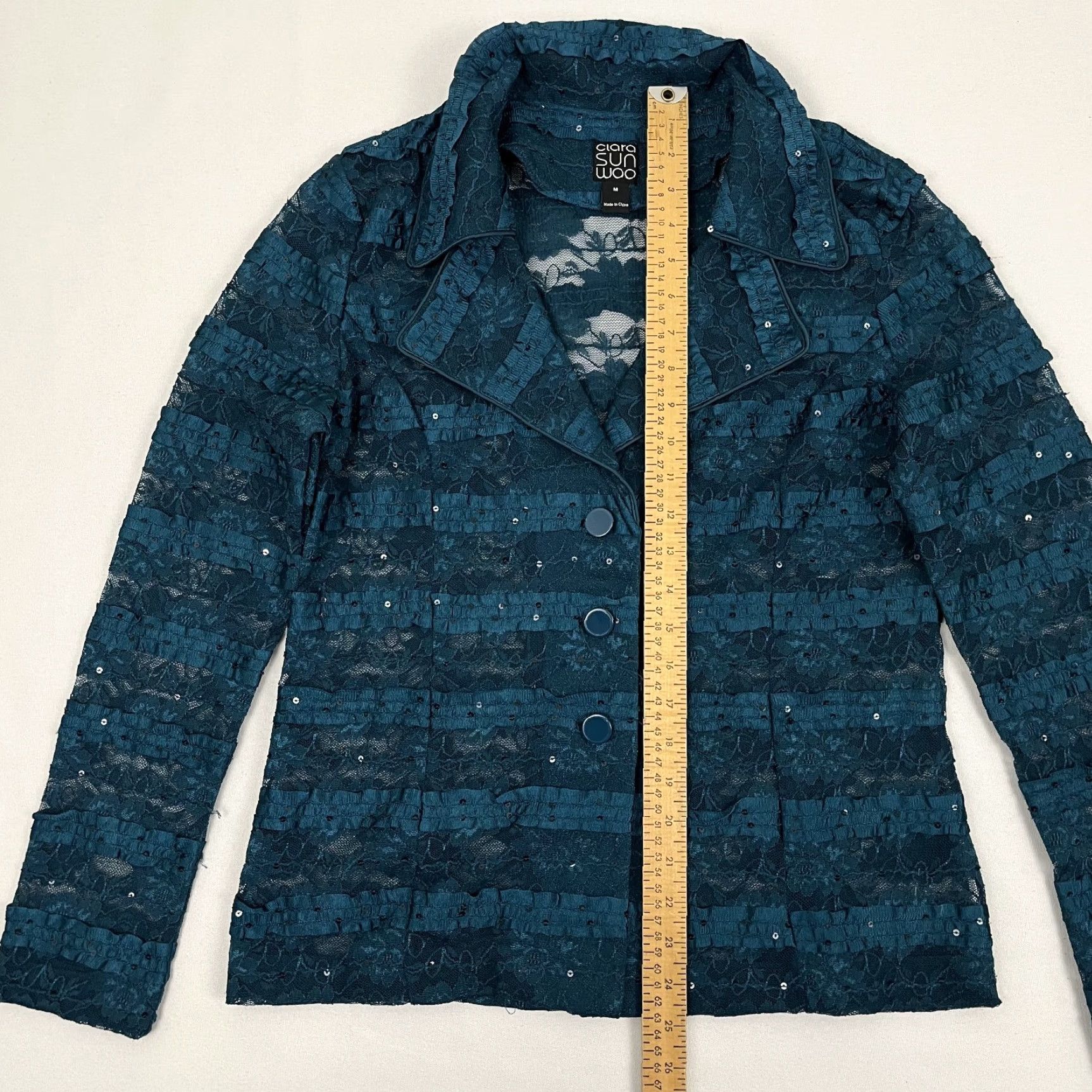 Vintage Clara Sun Woo Blazer Adult Women Medium Teal Blue Lace Sequin Sheer Dressy Womens Size M / US 6-8 / IT 42-44 - 3 Thumbnail