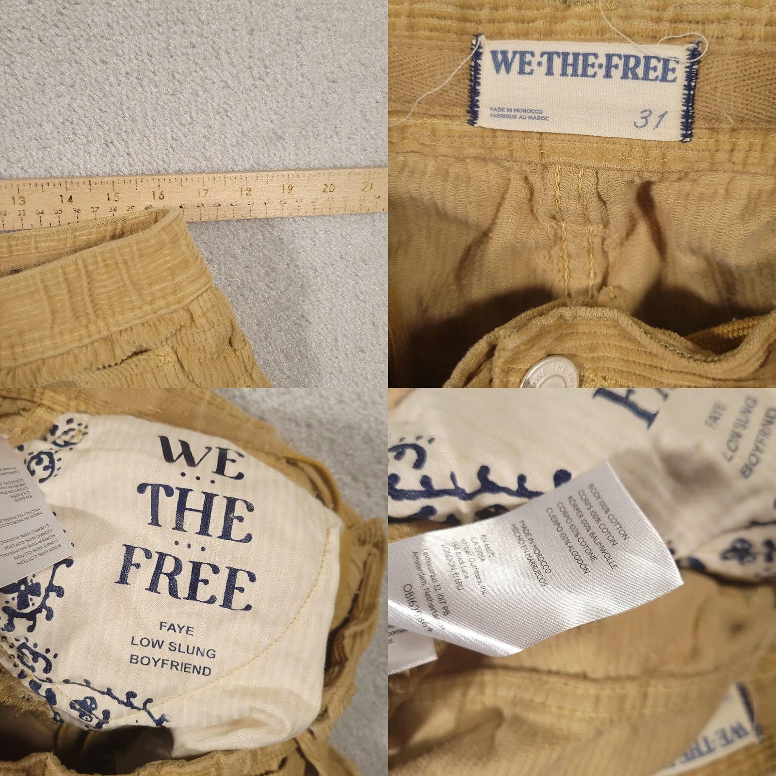Vintage VINTAGE We The Free Faye Pants Womens 31 Tan Corduroy Low Slung Boyfriend Carpenter Size 24" / US 00 / IT 34 - 8 Thumbnail