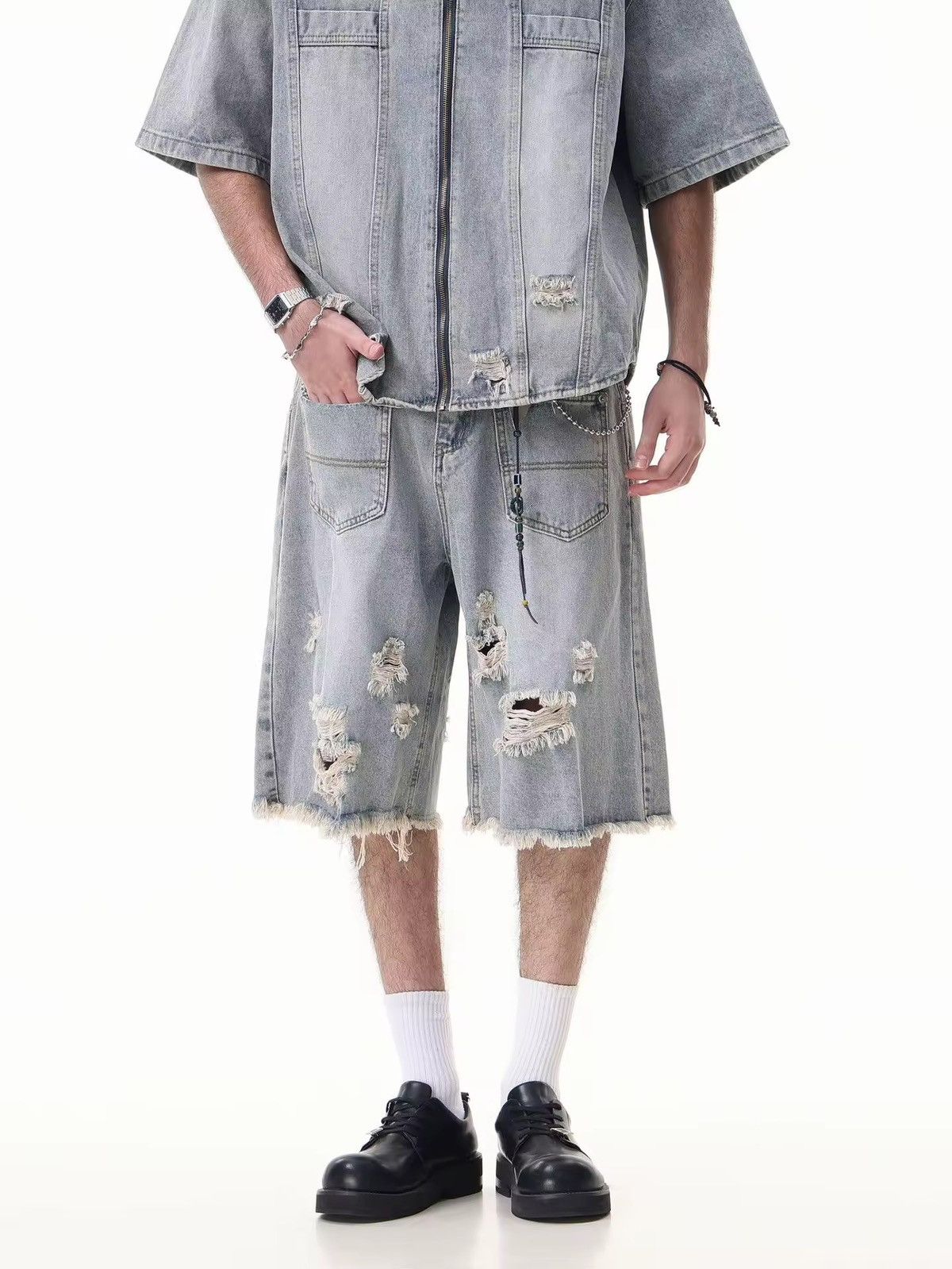 Japanese Brand Destroy Distressed Washed Loose Vintage Retro Shorts Size US 30 / EU 46 - 3 Thumbnail