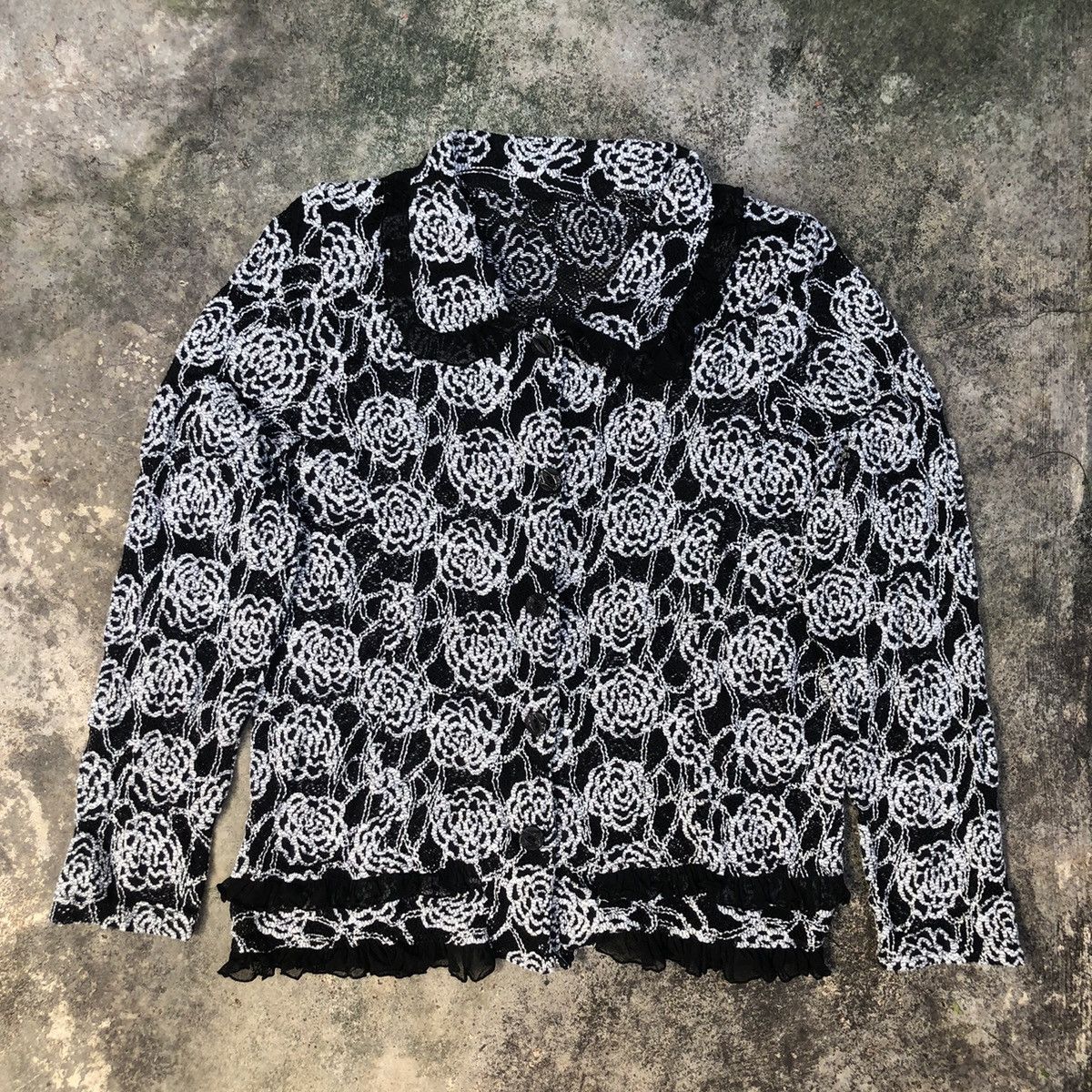 image of Cardigan Flower Collar Button Up in Black, Women's (Size Medium)