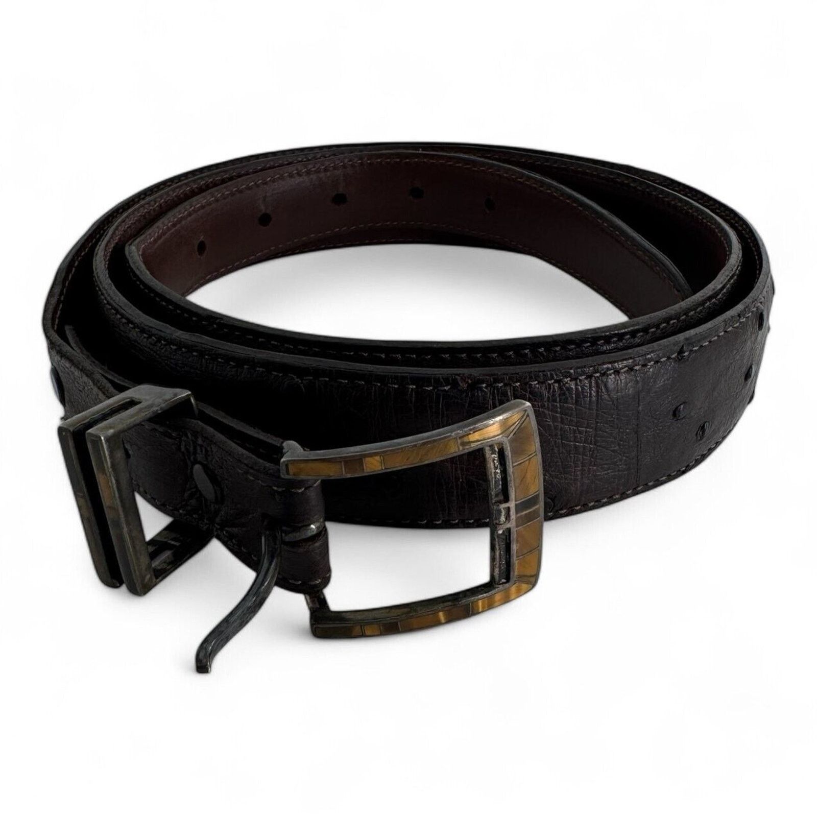 Sterling Silver JW Cooper .925 Sterling Ostrich Quill Brown Belt Size 36-45 Size 44 - 1 Thumbnail