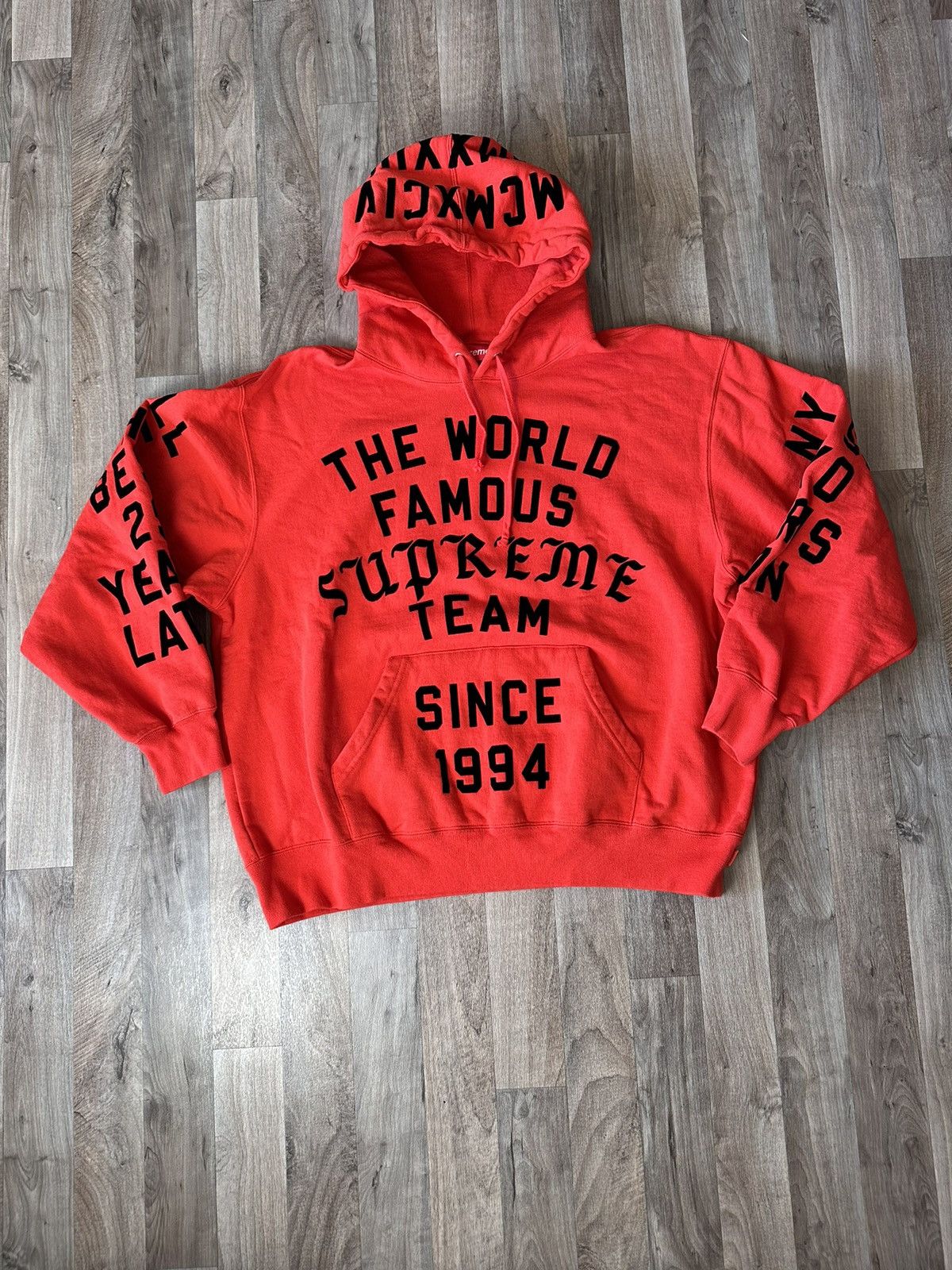 Supreme Supreme Team Flocked Hooded Sweatshirt Red | Grailed