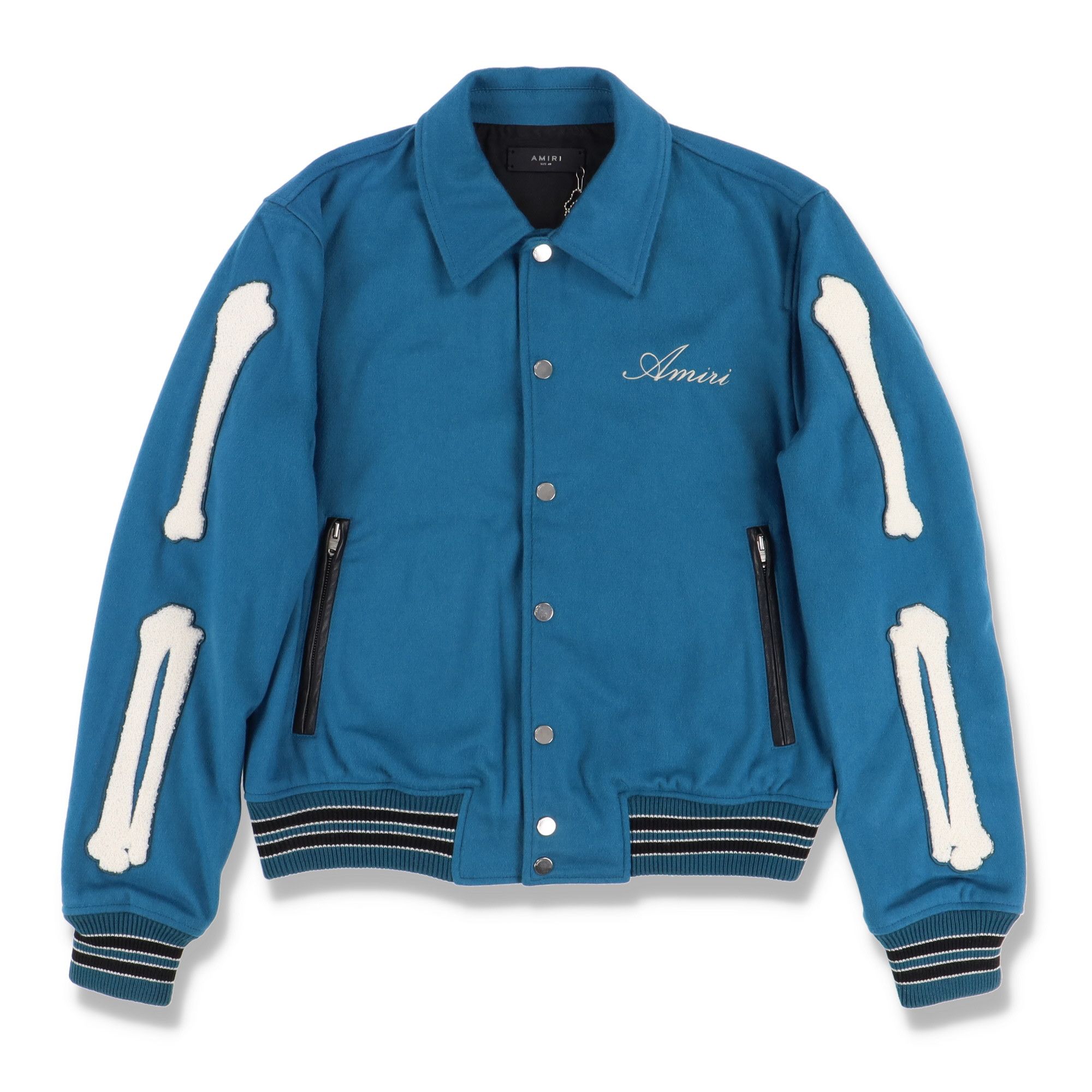 image of Amiri Petrol Blue Bones Embroidered Logo Varsity Jacket, Men's (Size Medium)