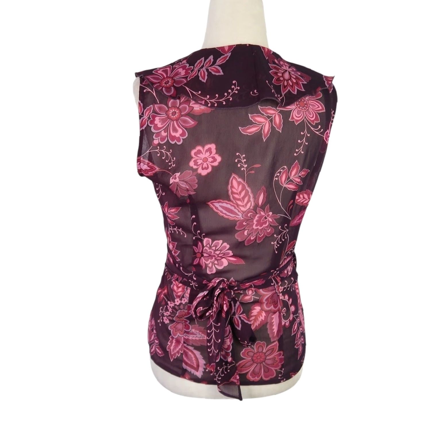 Vintage VINTAGE New York & Company Blouse Womens S Sleeveless Wrap Floral Purple Pink Ruffle Tie Top Size S / US 4 / IT 40 - 4 Thumbnail