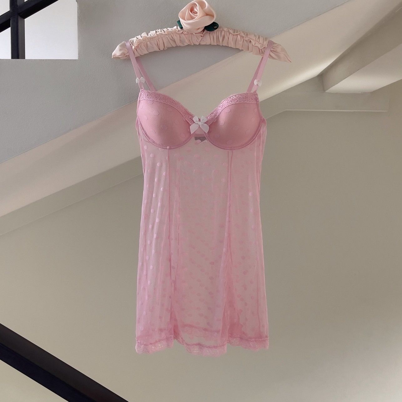 Vintage Cute Pink Polka Dots Mesh Sheer Mini Dress (M-L) Size L / US 10 / IT 46 - 1 Thumbnail