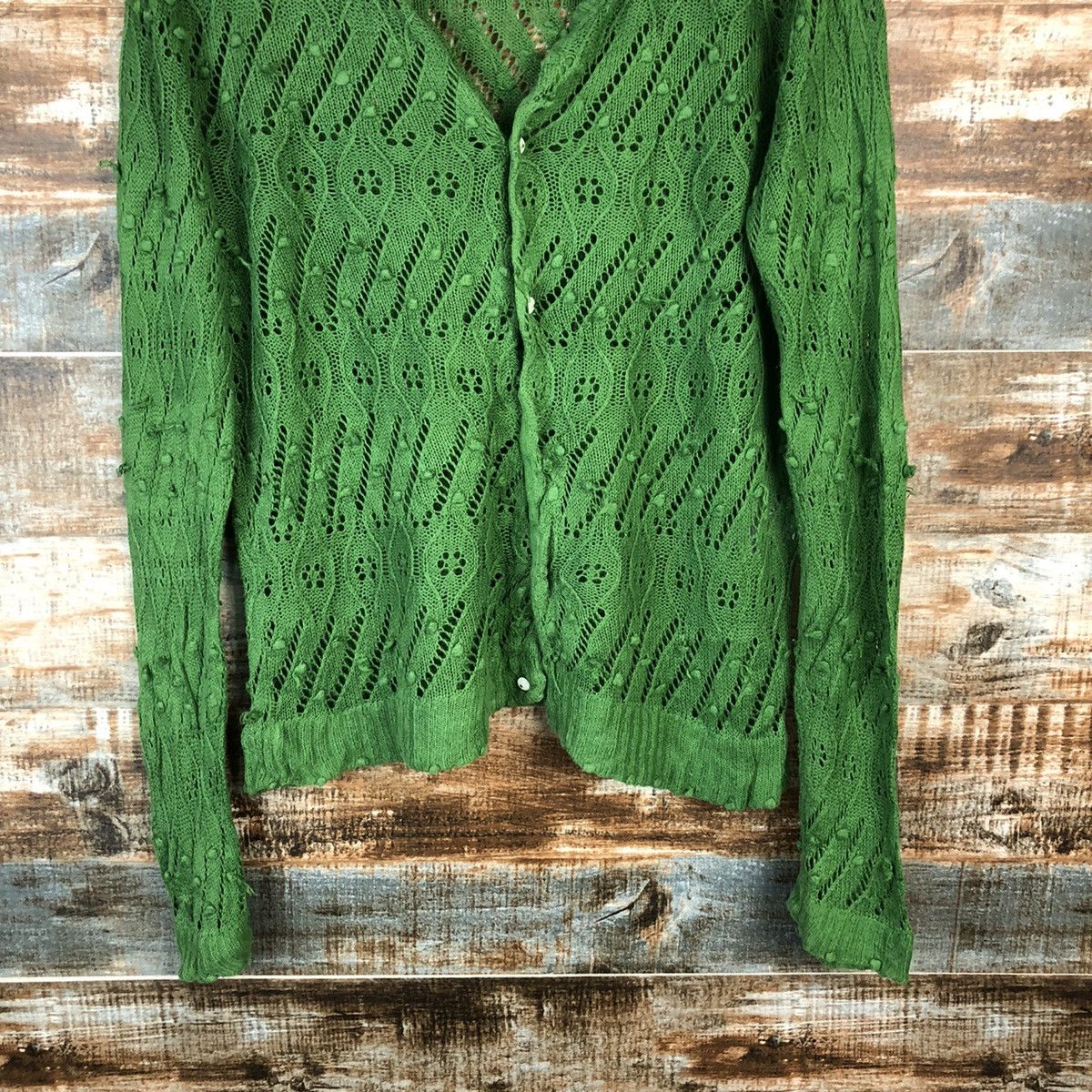 Beams Plus Beamboys Green crochet meshnet Cardigan Knitwear #A1643 Size US M / EU 48-50 / 2 - 6 Thumbnail