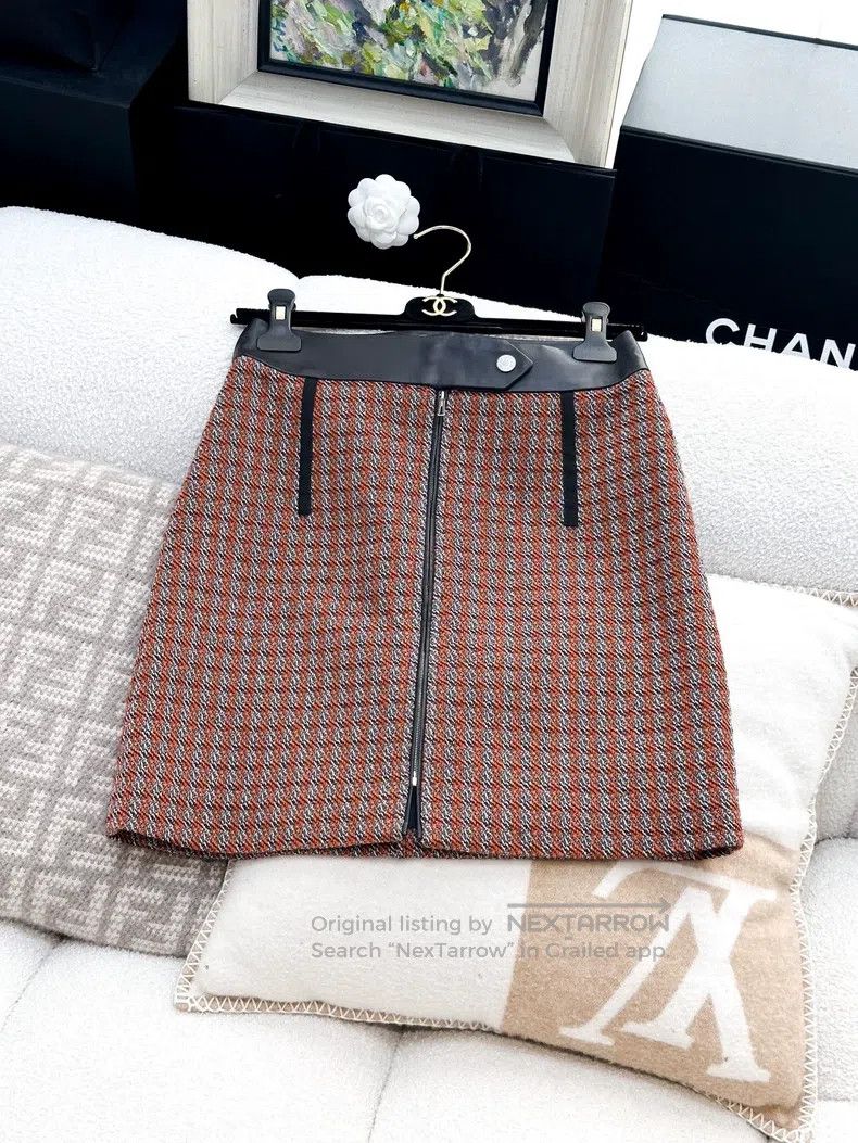 Hermes Hermes Orange Gray Plaid Soft Wool and Leather Edge Skirt Size 24" / US 00 / IT 34 - 1 Thumbnail