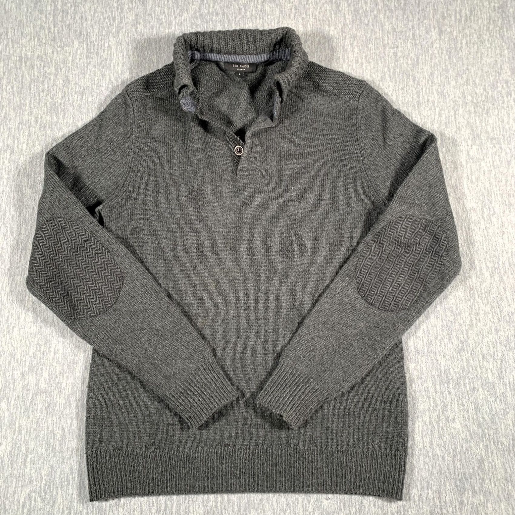 Ted Baker Ted Baker Sweater Mens Medium Gray Wool Blend Shawl Collar Elbow Patch Pullover Size US S / EU 44-46 / 1 - 2 Thumbnail